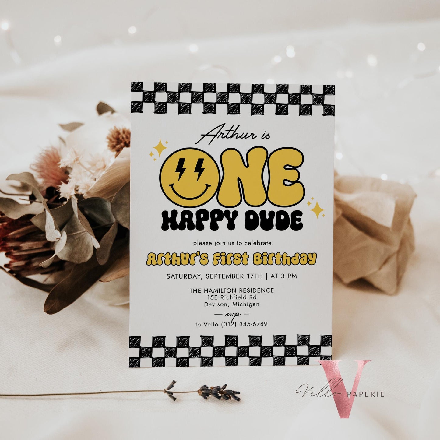 Smile One Happy Dude Birthday Invitation | Editable Retro One Happy Dude First Birthday Party Invite | Emoji Face | Lighting Bolt Smile BW