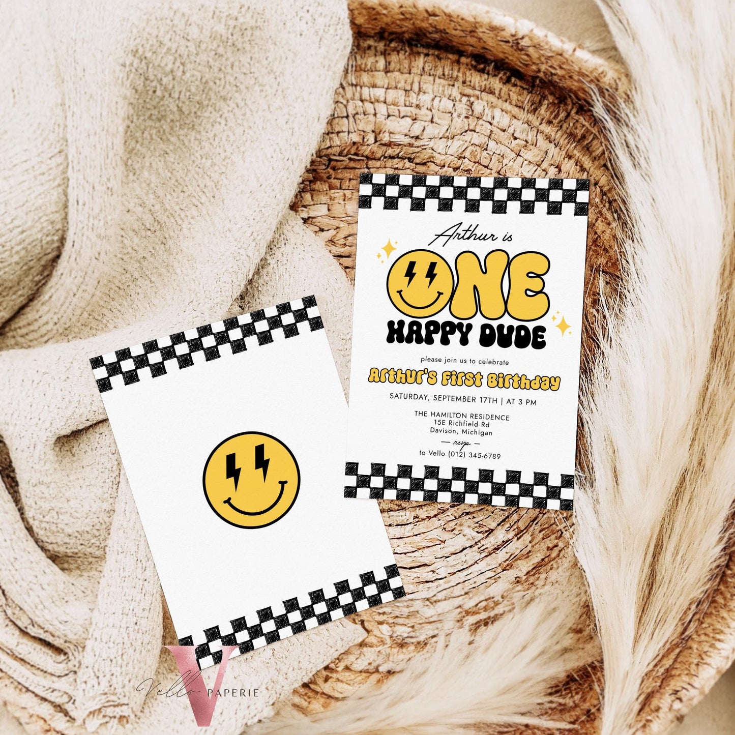 Smile One Happy Dude Birthday Invitation | Editable Retro One Happy Dude First Birthday Party Invite | Emoji Face | Lighting Bolt Smile BW