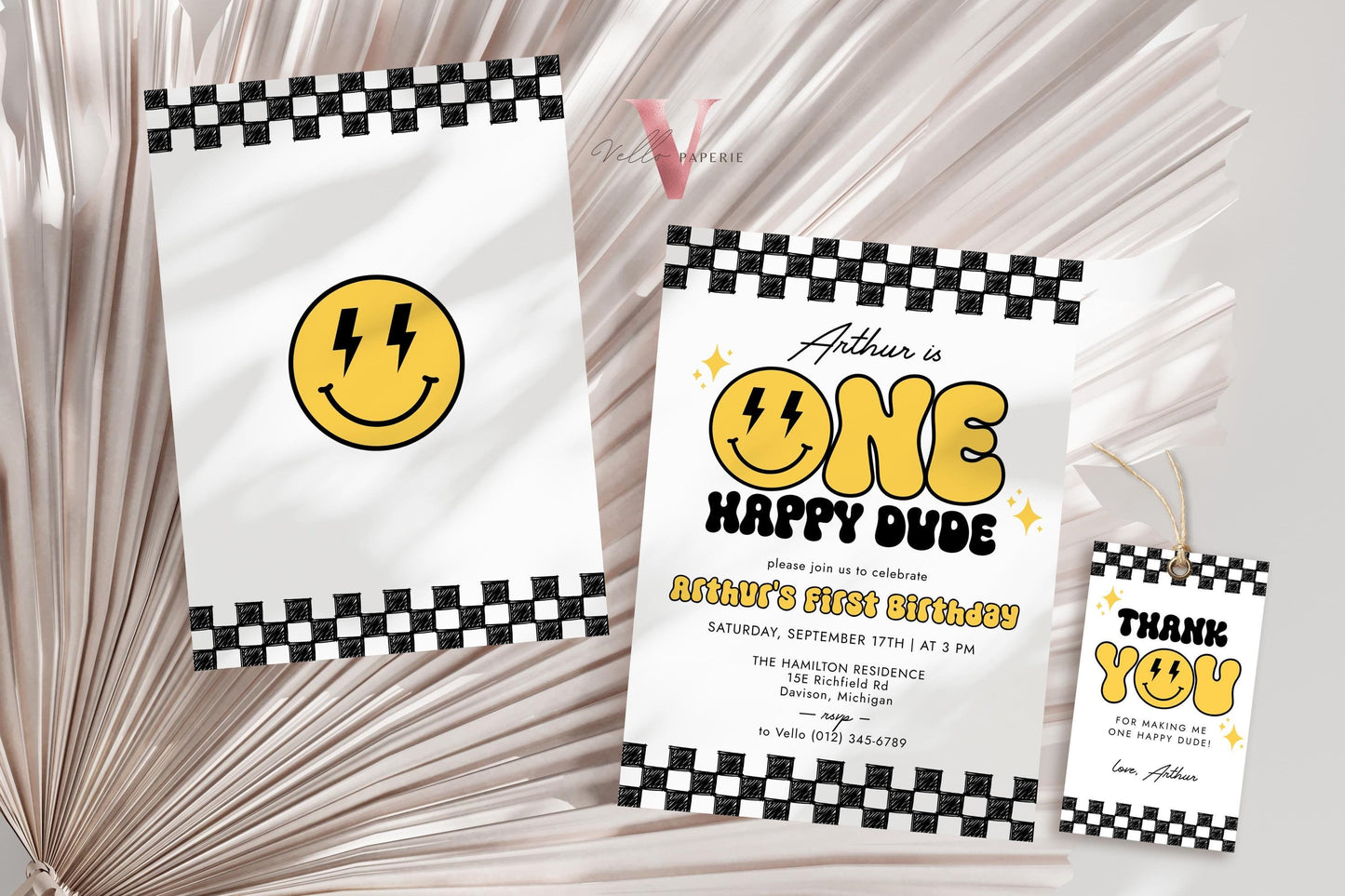 Smile One Happy Dude Birthday Invitation | Editable Retro One Happy Dude First Birthday Party Invite | Emoji Face | Lighting Bolt Smile BW
