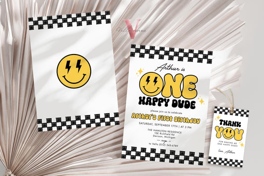 Smile One Happy Dude Birthday Invitation | Editable Retro One Happy Dude First Birthday Party Invite | Emoji Face | Lighting Bolt Smile BW