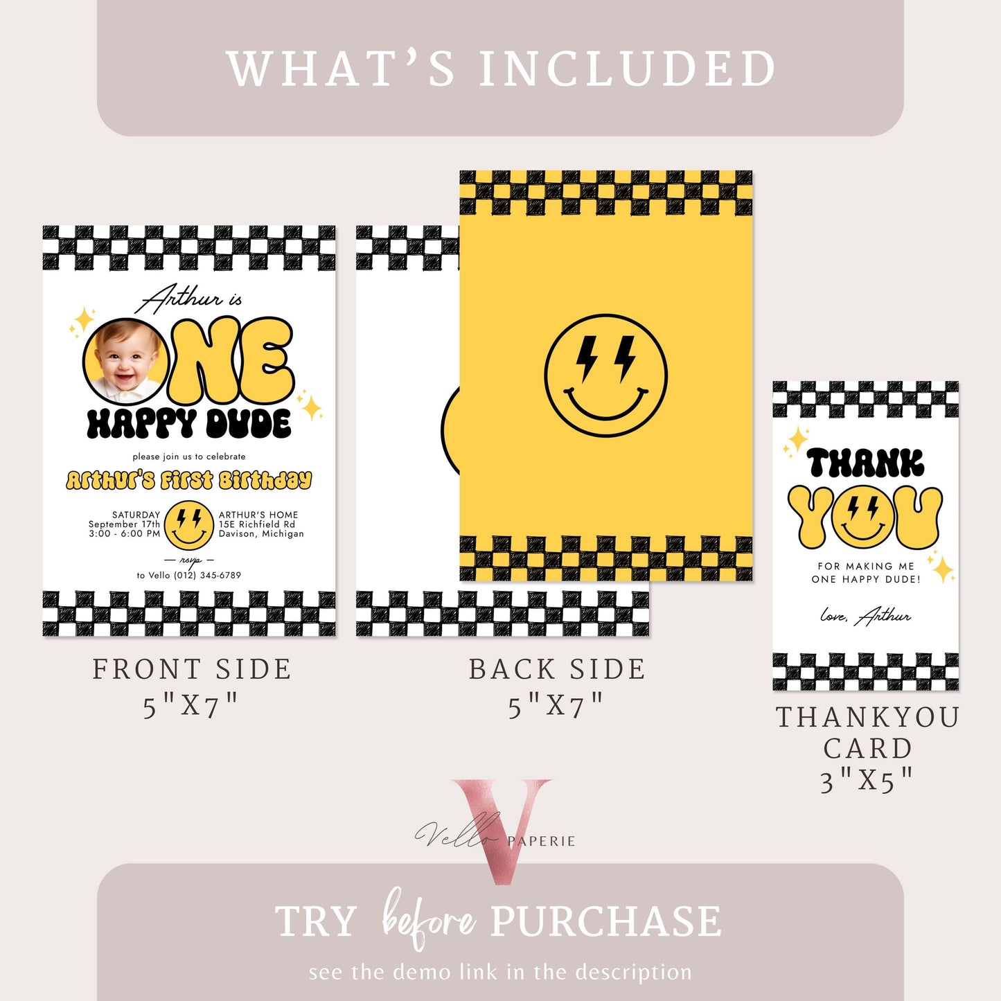 Photo One Happy Dude Birthday Invitation | Editable Retro One Happy Dude First Birthday Party Invite | Emoji Face | Lighting Bolt Smile BW