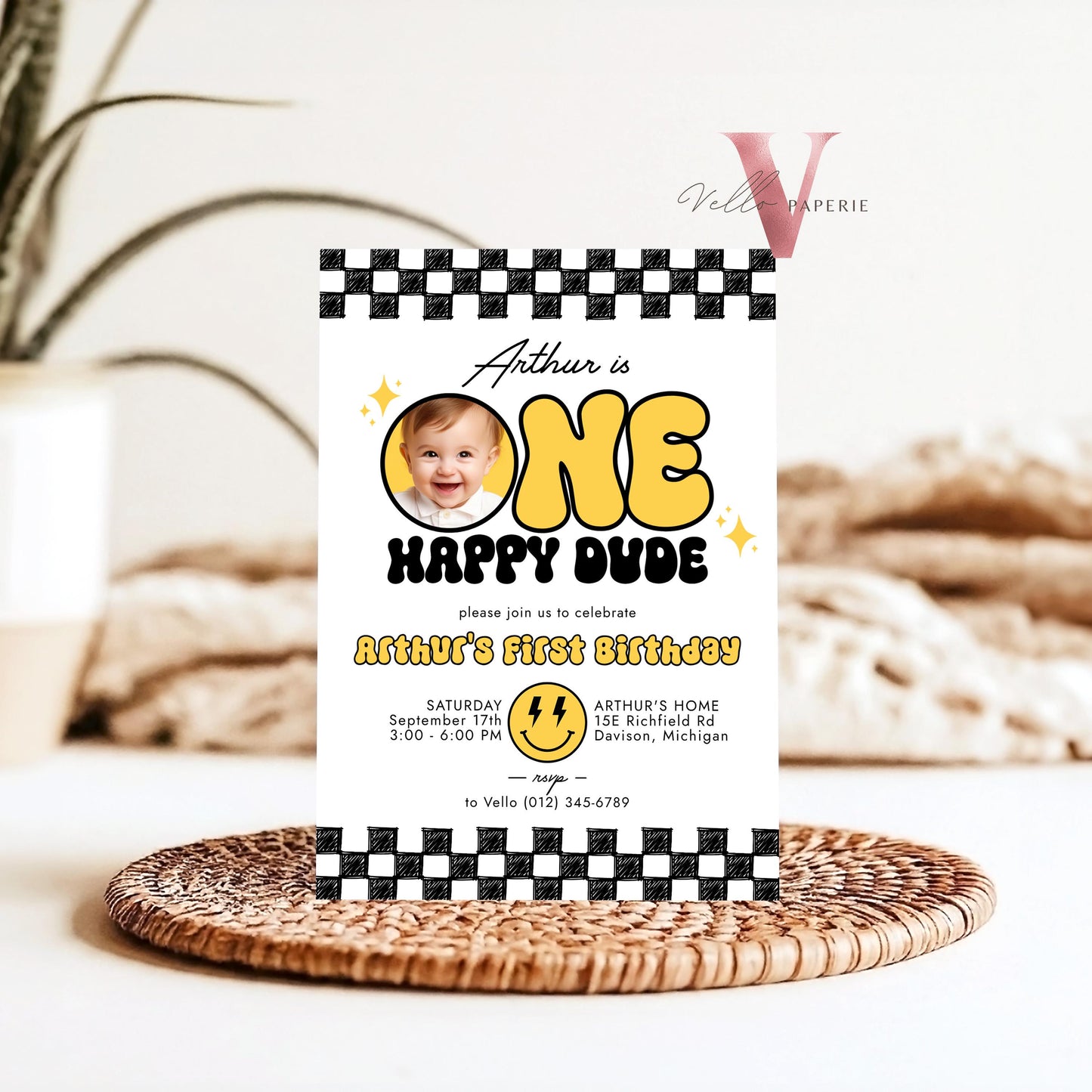 Photo One Happy Dude Birthday Invitation | Editable Retro One Happy Dude First Birthday Party Invite | Emoji Face | Lighting Bolt Smile BW