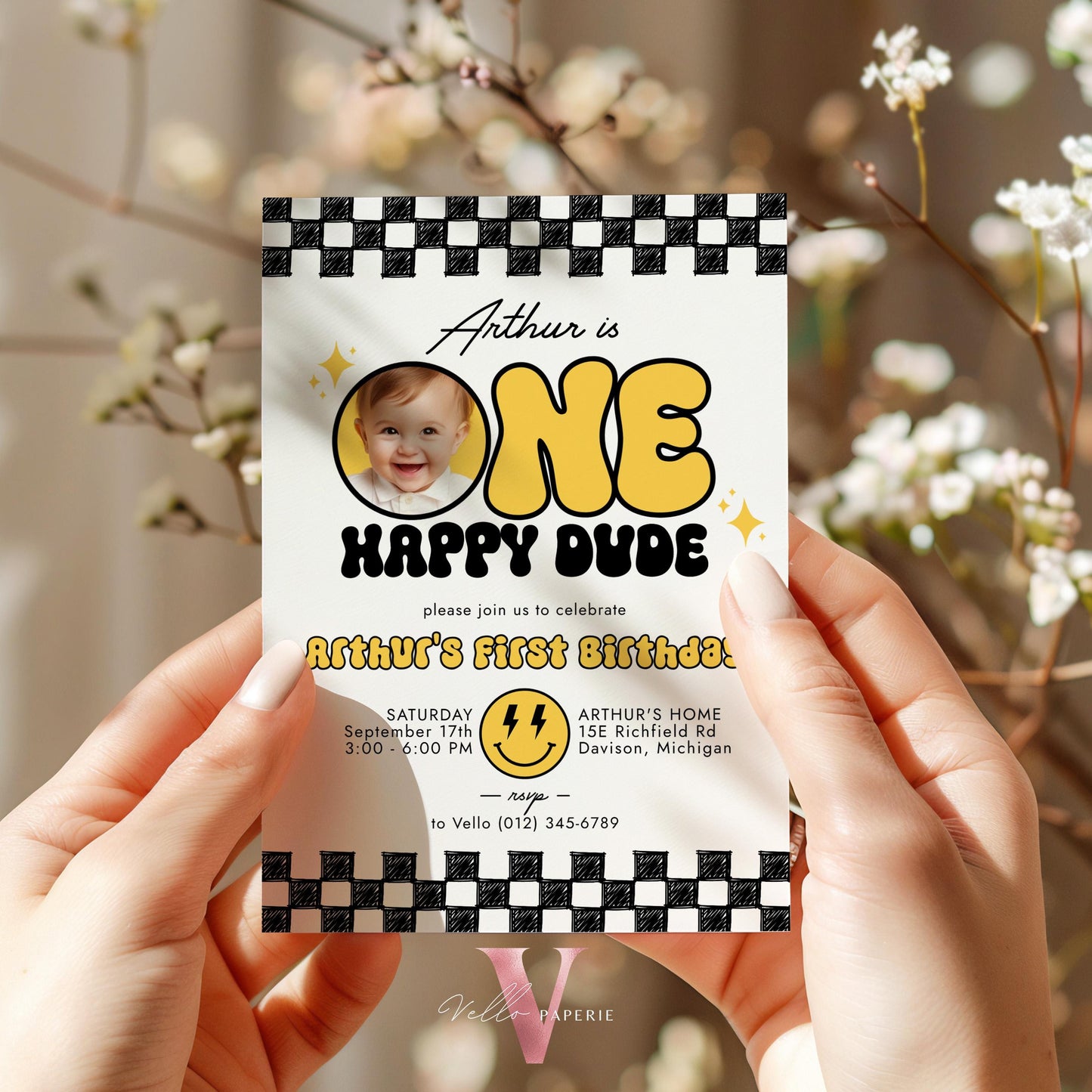 Photo One Happy Dude Birthday Invitation | Editable Retro One Happy Dude First Birthday Party Invite | Emoji Face | Lighting Bolt Smile BW