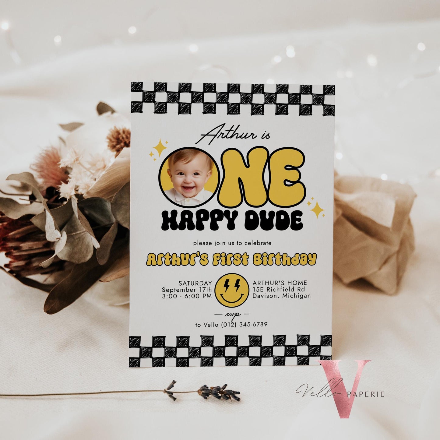 Photo One Happy Dude Birthday Invitation | Editable Retro One Happy Dude First Birthday Party Invite | Emoji Face | Lighting Bolt Smile BW