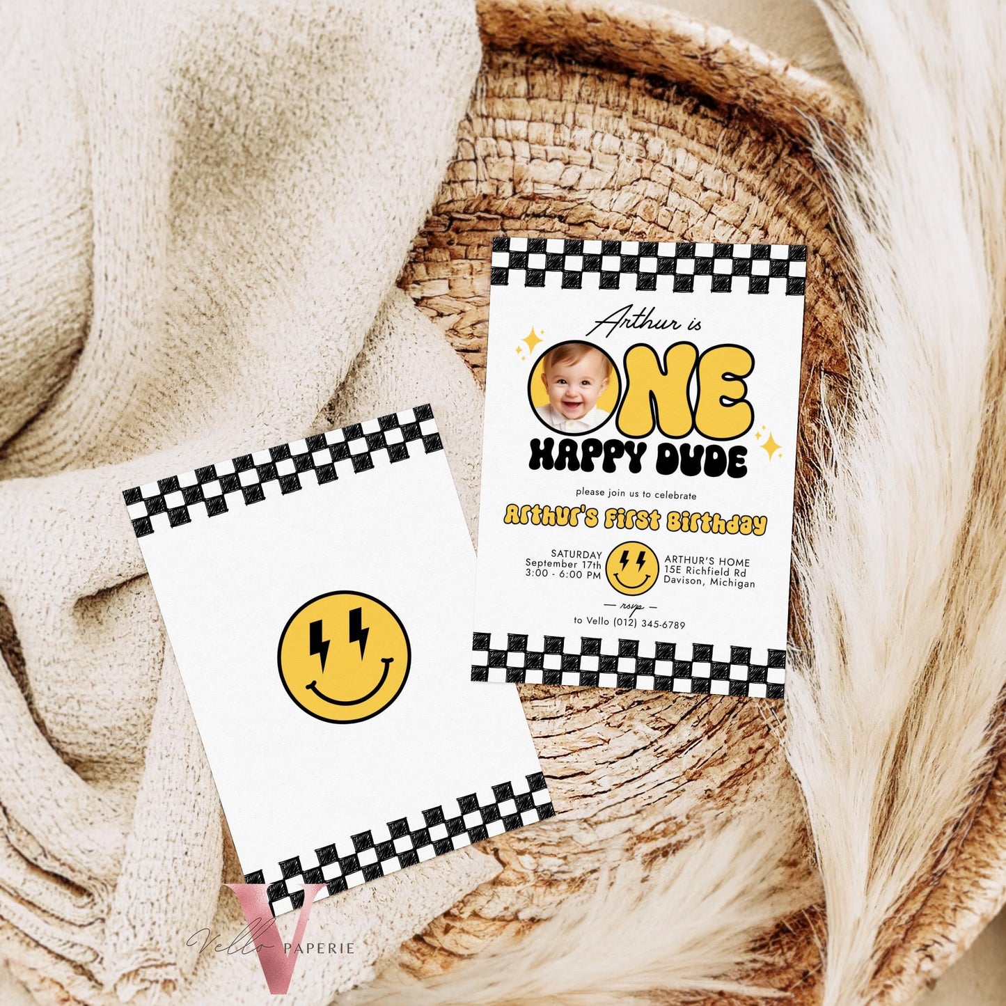 Photo One Happy Dude Birthday Invitation | Editable Retro One Happy Dude First Birthday Party Invite | Emoji Face | Lighting Bolt Smile BW