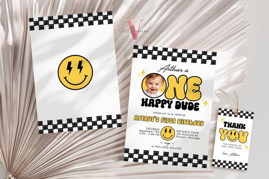 Photo One Happy Dude Birthday Invitation | Editable Retro One Happy Dude First Birthday Party Invite | Emoji Face | Lighting Bolt Smile BW