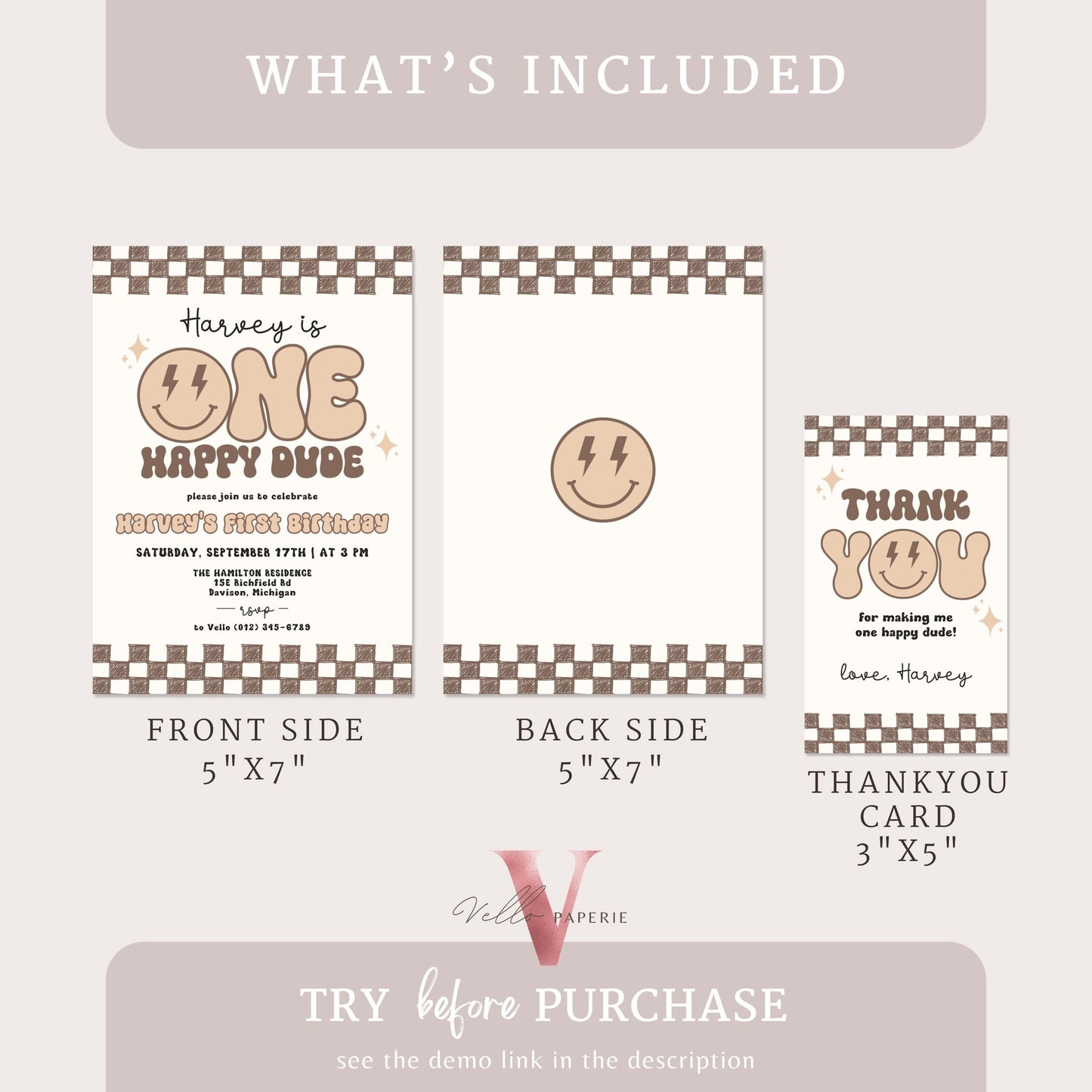 Nude Smile One Happy Dude Birthday Invitation | Editable Retro One Happy Dude First Birthday Party Invite | Emoji Face | Lighting Bolt Smile