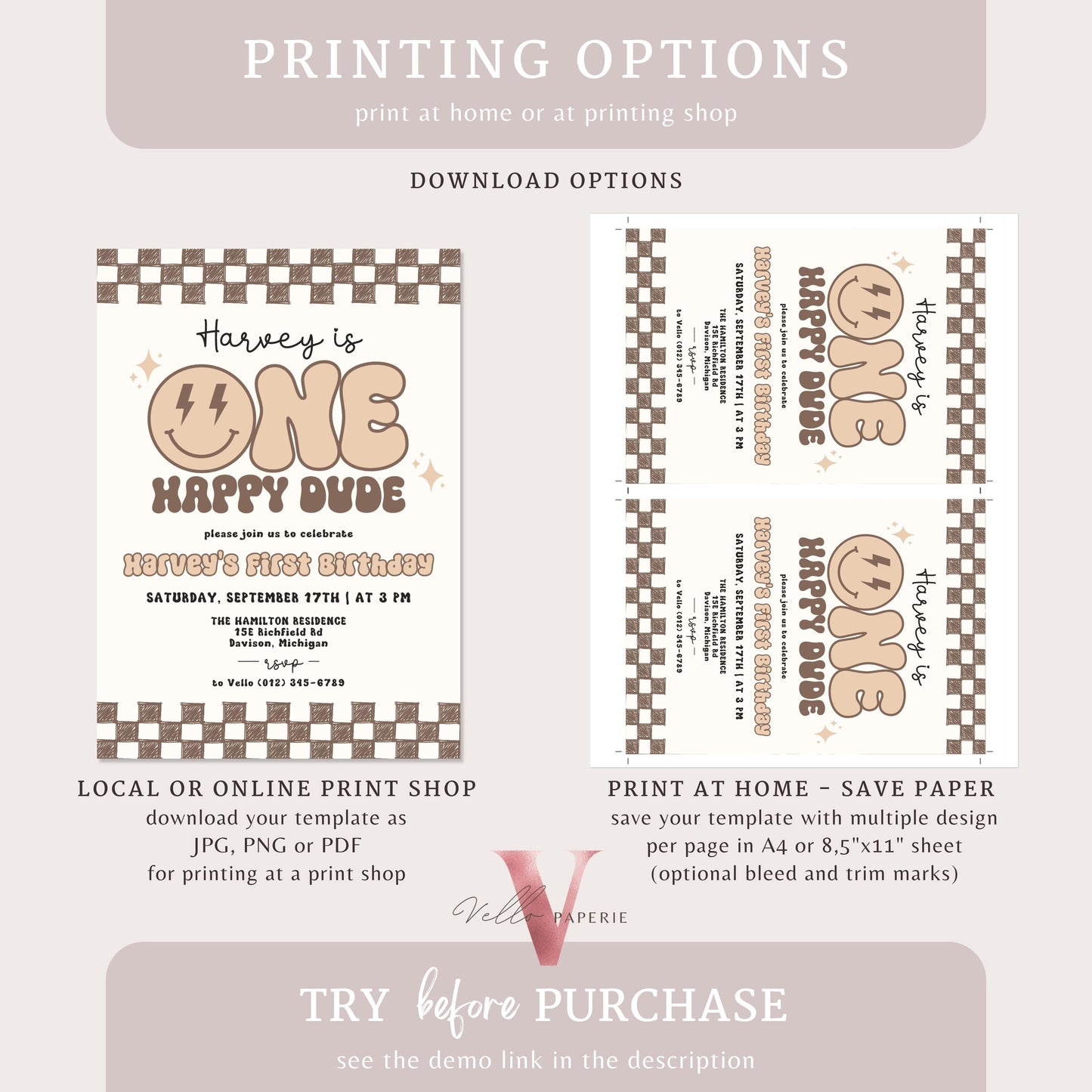 Nude Smile One Happy Dude Birthday Invitation | Editable Retro One Happy Dude First Birthday Party Invite | Emoji Face | Lighting Bolt Smile