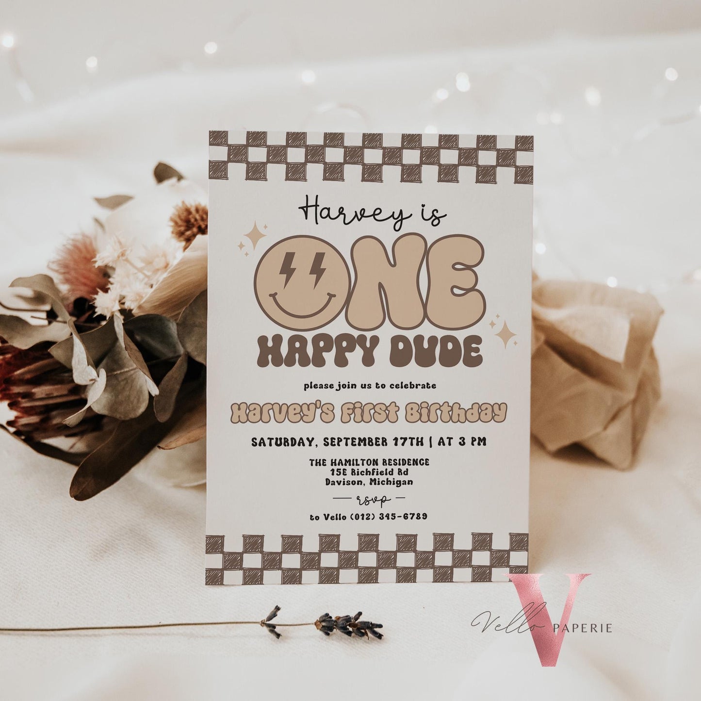 Nude Smile One Happy Dude Birthday Invitation | Editable Retro One Happy Dude First Birthday Party Invite | Emoji Face | Lighting Bolt Smile