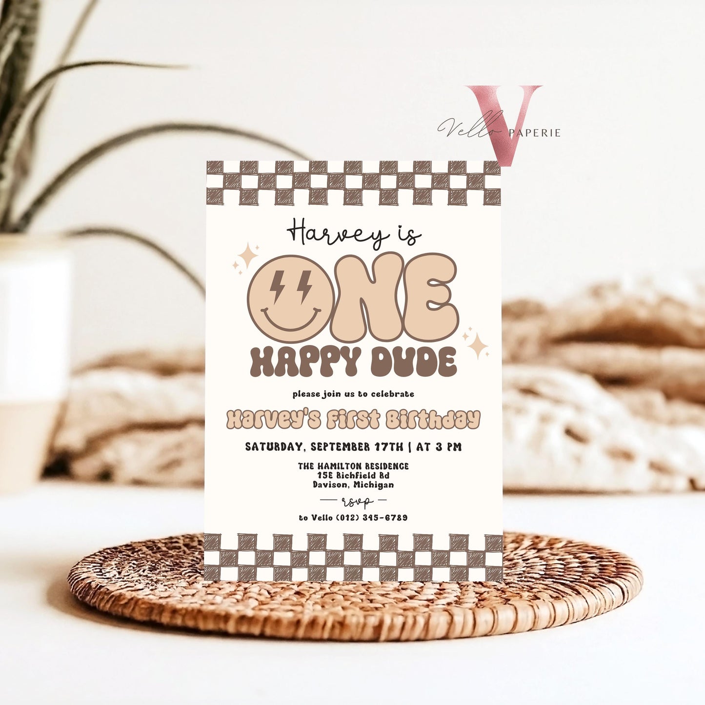 Nude Smile One Happy Dude Birthday Invitation | Editable Retro One Happy Dude First Birthday Party Invite | Emoji Face | Lighting Bolt Smile