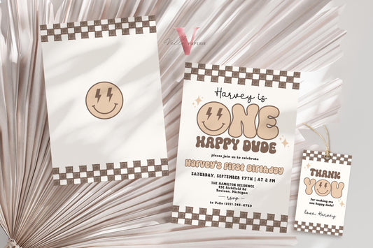 Nude Smile One Happy Dude Birthday Invitation | Editable Retro One Happy Dude First Birthday Party Invite | Emoji Face | Lighting Bolt Smile