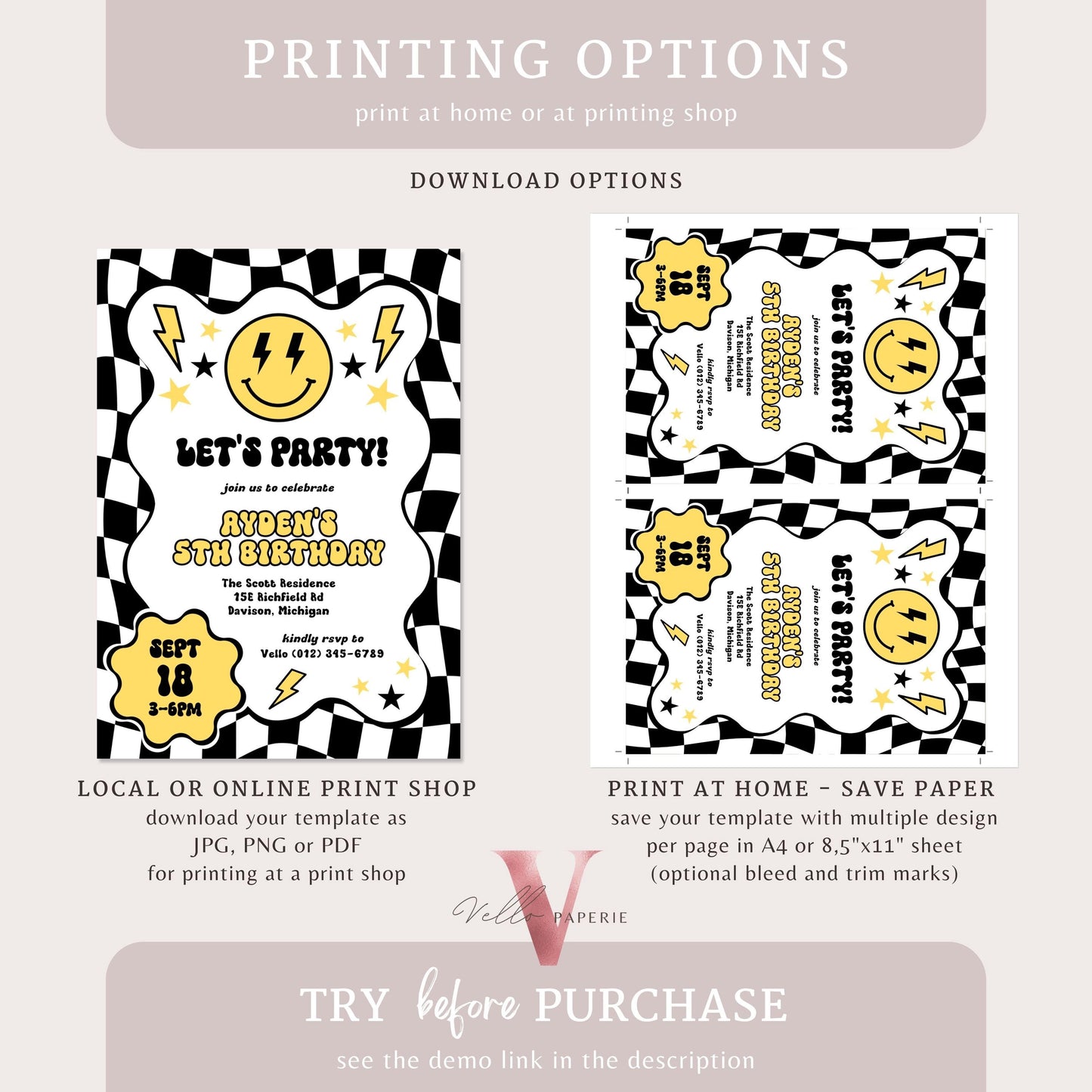 Smile Face Groovy Birthday Invitation | Editable Retro Happy Dude Any Age Birthday Party Invite | Emoji Face Lighting Bolt Smile Black White