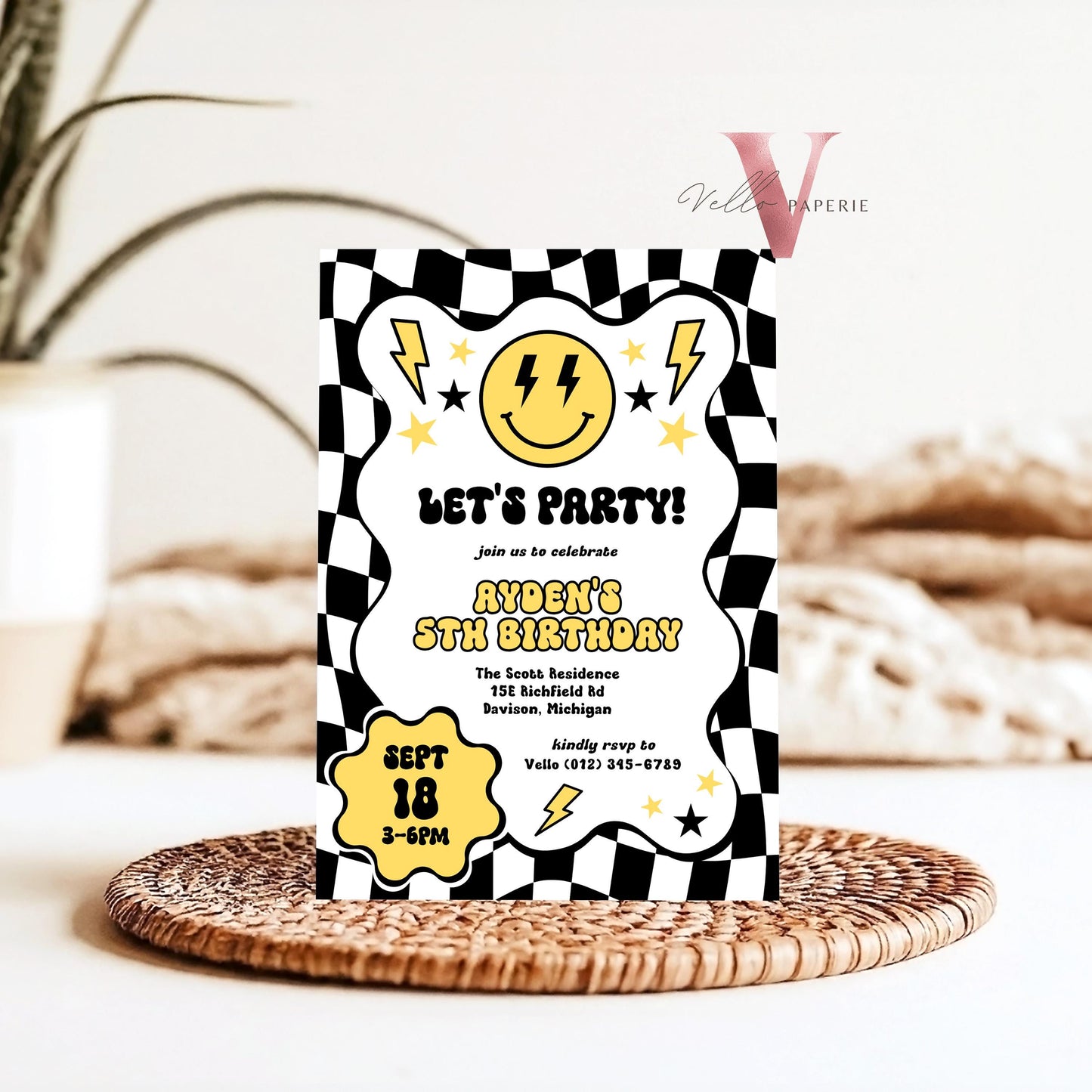 Smile Face Groovy Birthday Invitation | Editable Retro Happy Dude Any Age Birthday Party Invite | Emoji Face Lighting Bolt Smile Black White