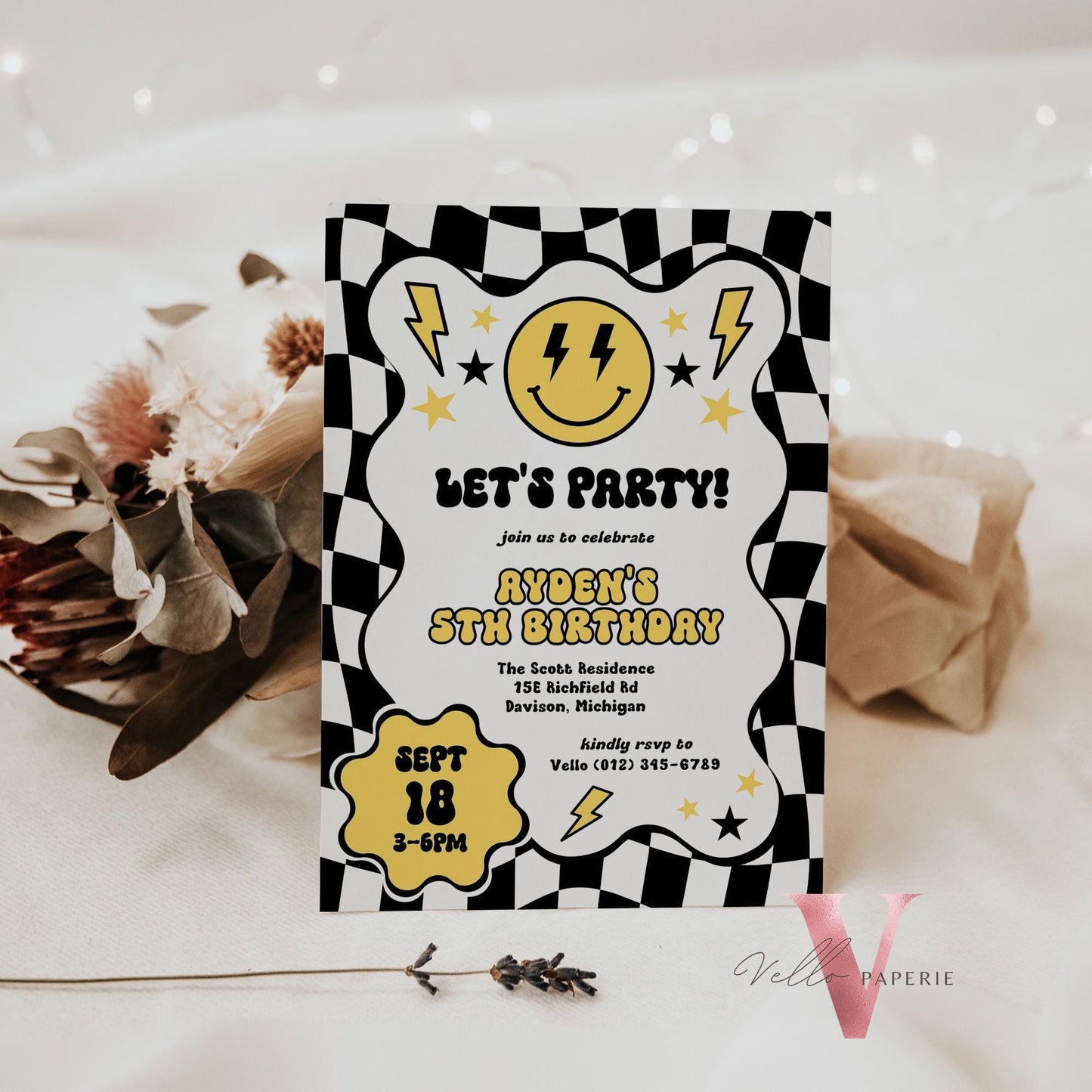 Smile Face Groovy Birthday Invitation | Editable Retro Happy Dude Any Age Birthday Party Invite | Emoji Face Lighting Bolt Smile Black White