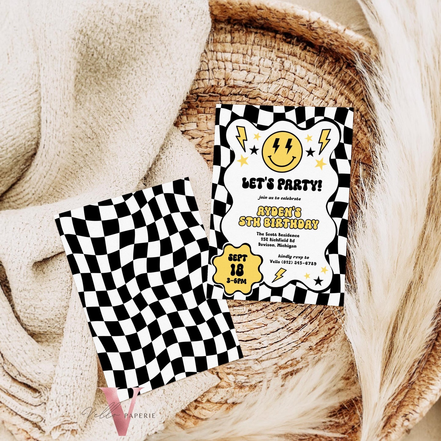 Smile Face Groovy Birthday Invitation | Editable Retro Happy Dude Any Age Birthday Party Invite | Emoji Face Lighting Bolt Smile Black White