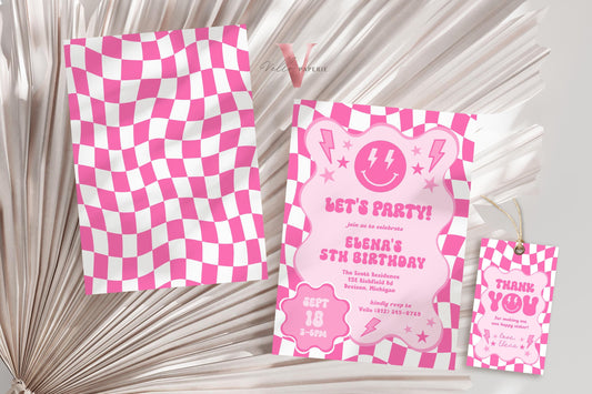 Pink Smile Face Groovy Birthday Invitation | Editable Retro Happy Face Any Age Birthday Party Invite | Emoji Face Lighting Bolt Smile PSG01