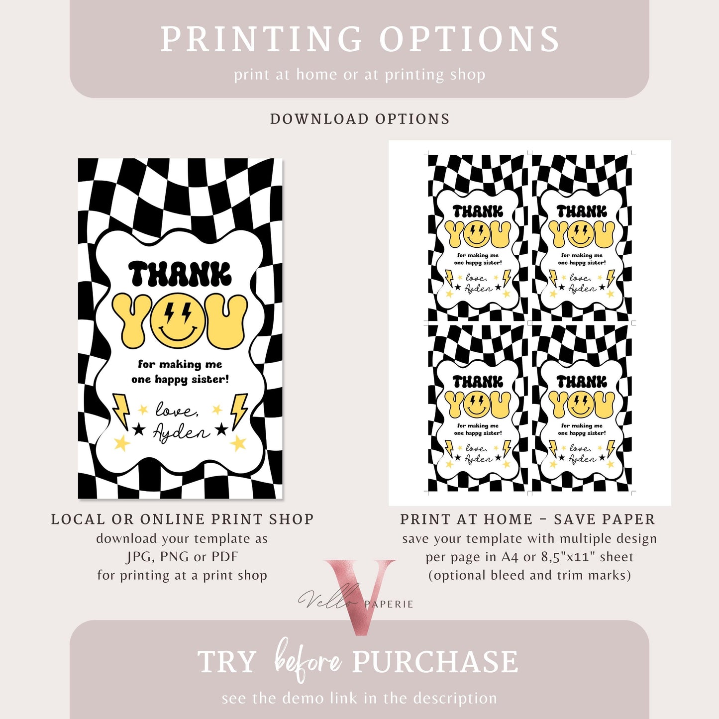 Smile Face Groovy Birthday Thankyou Card | Editable Retro Happy Face Any Age Birthday Party Favor Tag | Emoji Face Lighting Bolt Smile BW