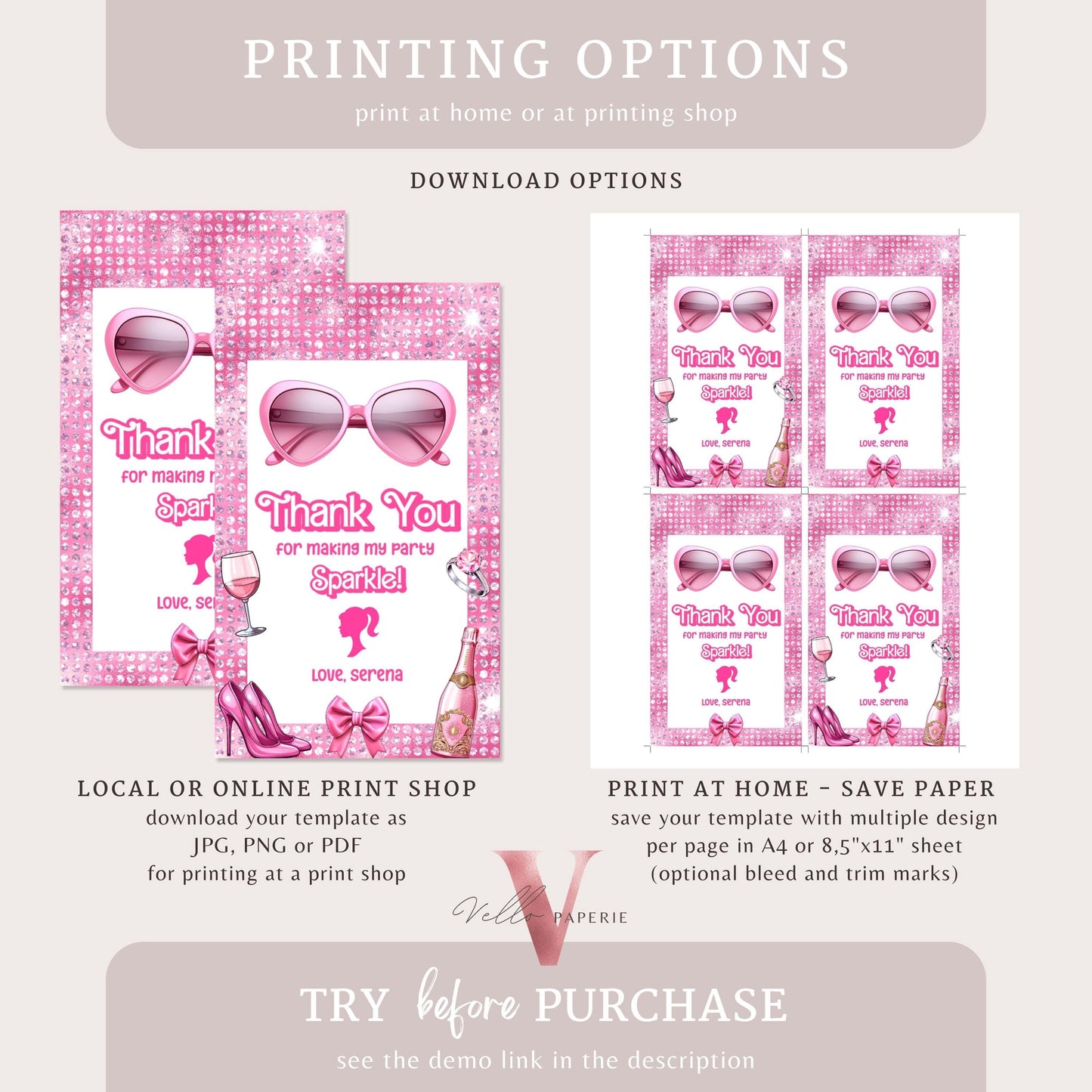 Pink Sparkle Fashion Girl Birthday Thankyou Card | Pink Girl Any Age Party Favors | Little Miss Threenager Birthday Gift Tag Instant Templat