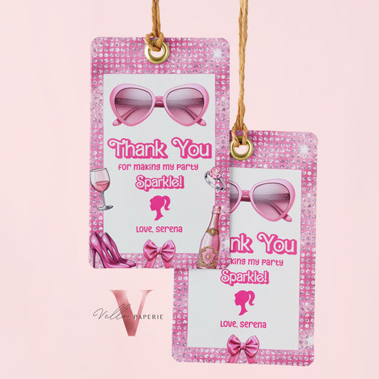 Pink Sparkle Fashion Girl Birthday Thankyou Card | Pink Girl Any Age Party Favors | Little Miss Threenager Birthday Gift Tag Instant Templat
