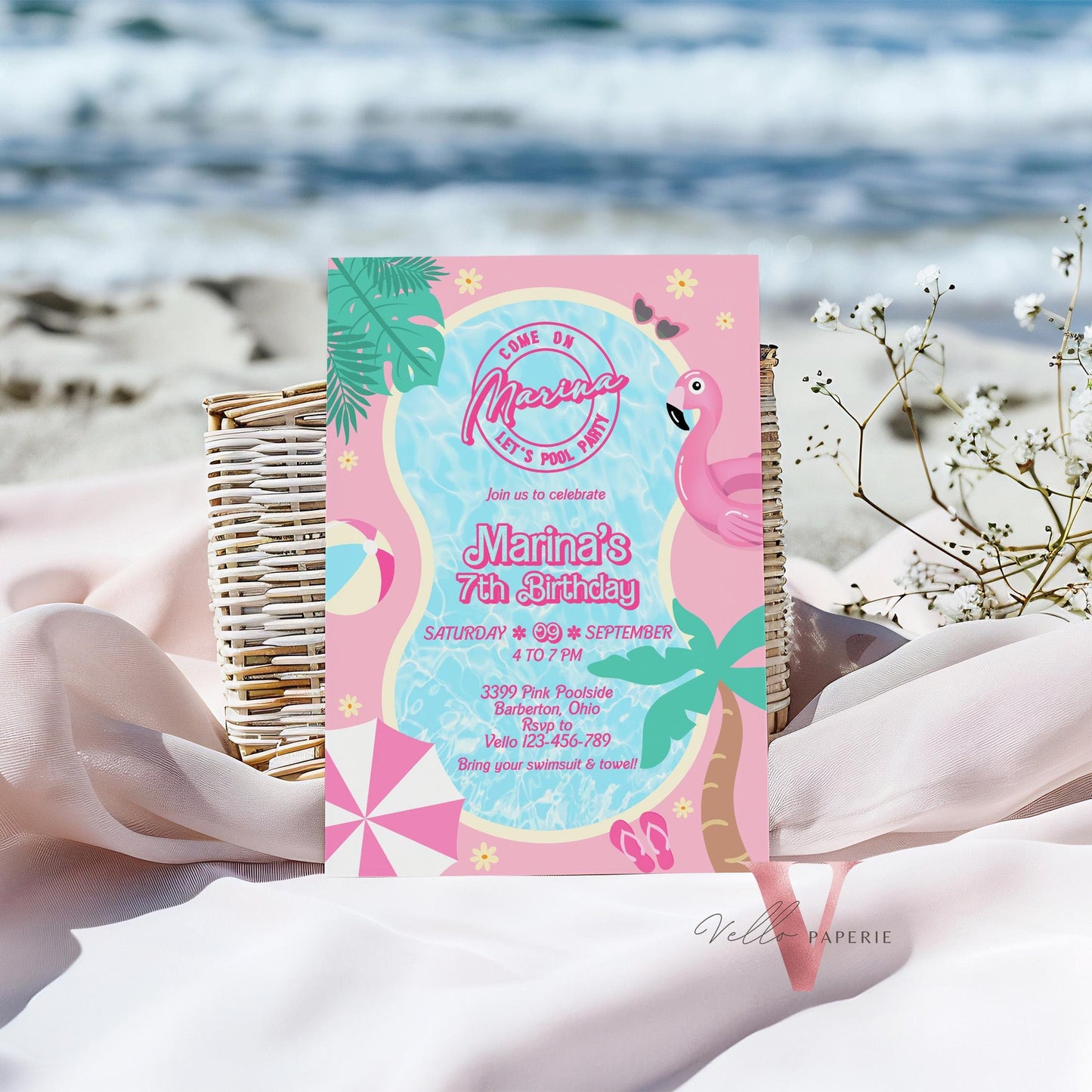 Pink Doll Pool Birthday Invitation | Editable Yourseld Malibu Pool Party Invite | Pink Blue Malibu Come On Lets Go Party Instant Template