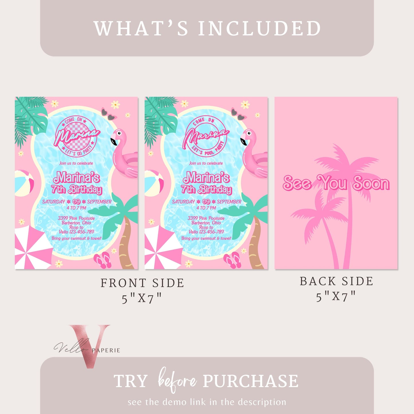 Pink Doll Pool Birthday Invitation | Editable Yourseld Malibu Pool Party Invite | Pink Blue Malibu Come On Lets Go Party Instant Template