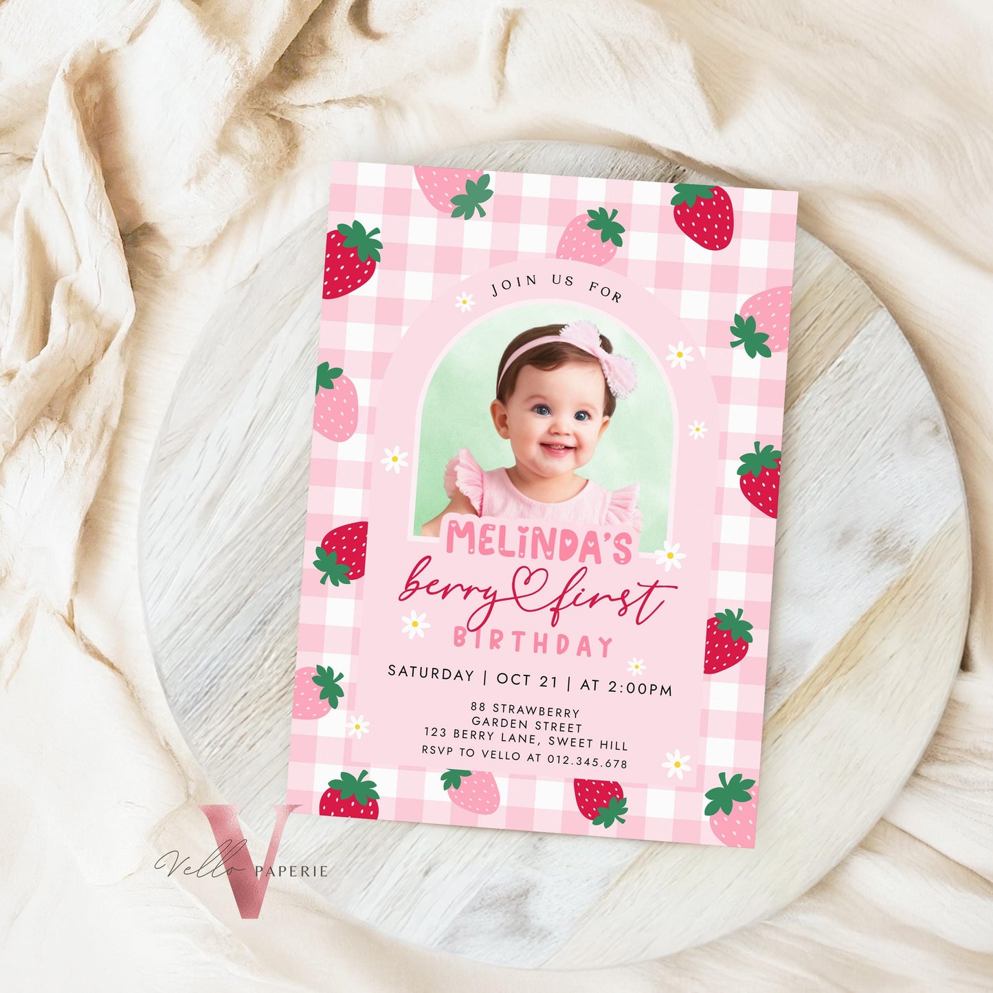 Photo Berry First Birthday Invitation Girl | Berry First Birthday Party Invite | Summer Girl Editable Template | Pink First Birthday Instant