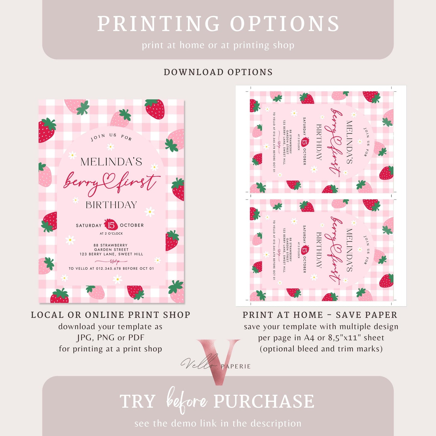 Editable Berry First Birthday Invitation Girl | Berry First Birthday Party Invite | Summer Girl Pink Gingham First Birthday Instant Template