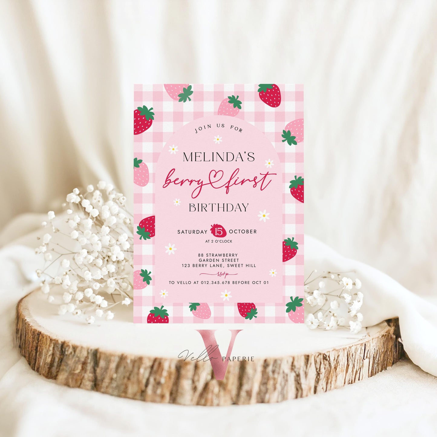 Editable Berry First Birthday Invitation Girl | Berry First Birthday Party Invite | Summer Girl Pink Gingham First Birthday Instant Template