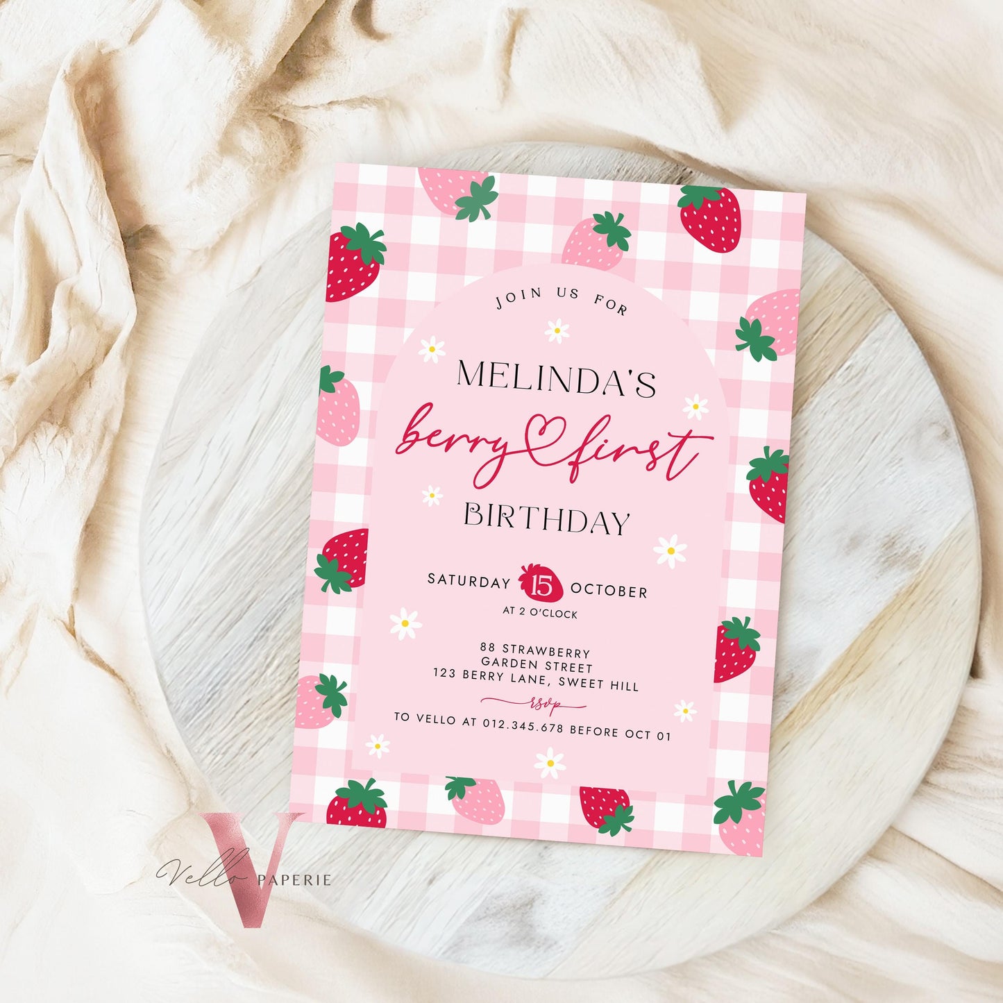 Editable Berry First Birthday Invitation Girl | Berry First Birthday Party Invite | Summer Girl Pink Gingham First Birthday Instant Template