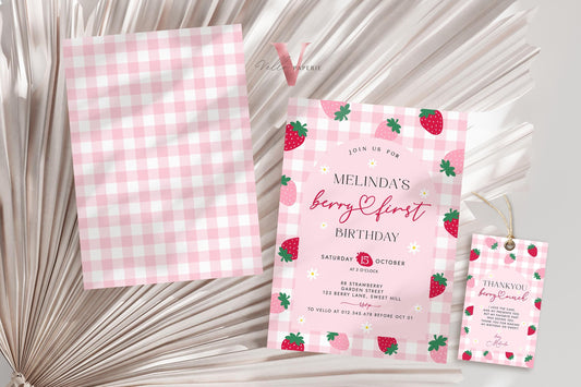 Editable Berry First Birthday Invitation Girl | Berry First Birthday Party Invite | Summer Girl Pink Gingham First Birthday Instant Template