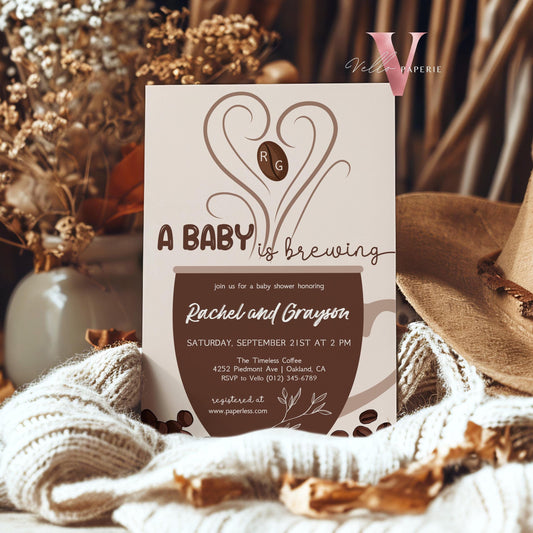 Initial Baby is Brewing Shower Invitation | Editable Coffee Baby Shower Invite | Coffee Lovers Shower Brunch  | Autumn Rustic Baby Shower