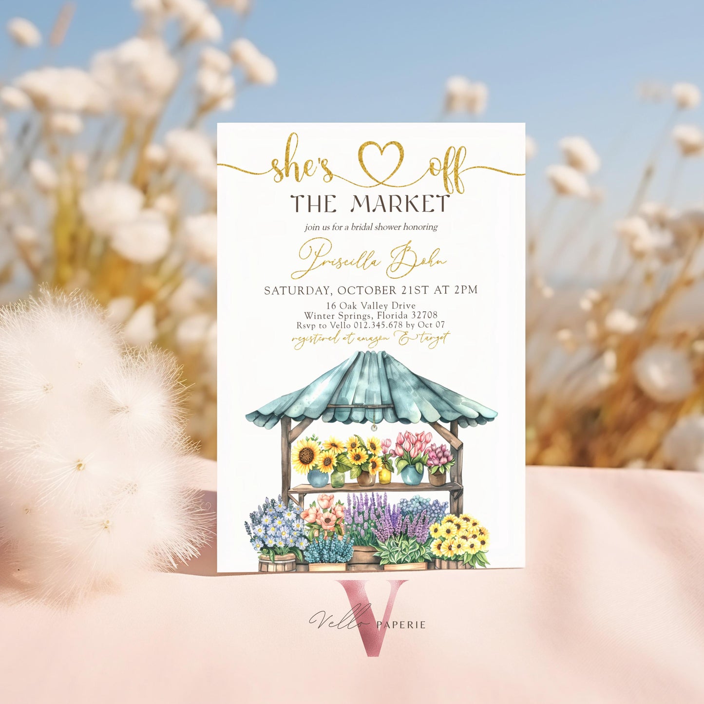 Off the Market Bridal Shower Party Invitation | She's off the Market Invite | Farmer's Market Watercolor Bride to Be Instant Template