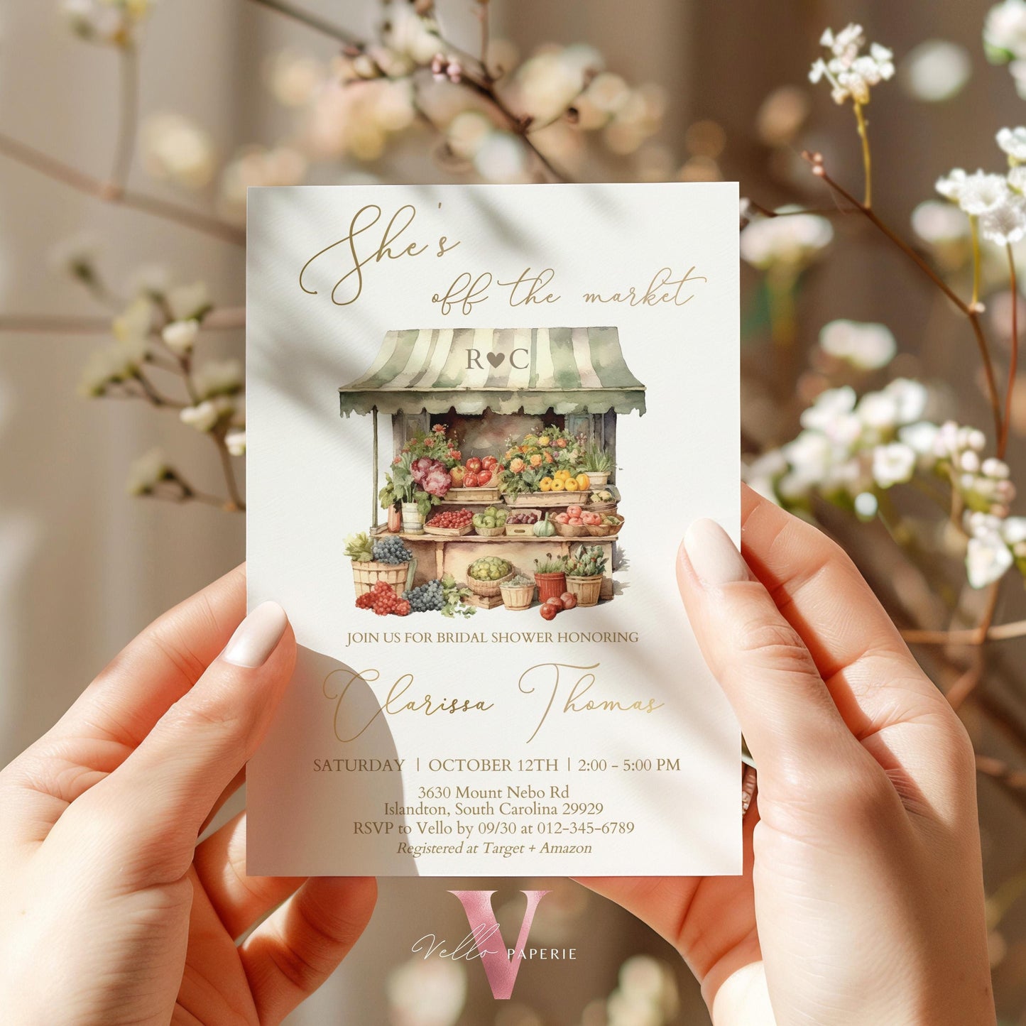 Off the Market Bridal Shower Party Invitation | She's off the Market Invite | Flower Fruit Store Watercolor Glitter Gold Instant Template