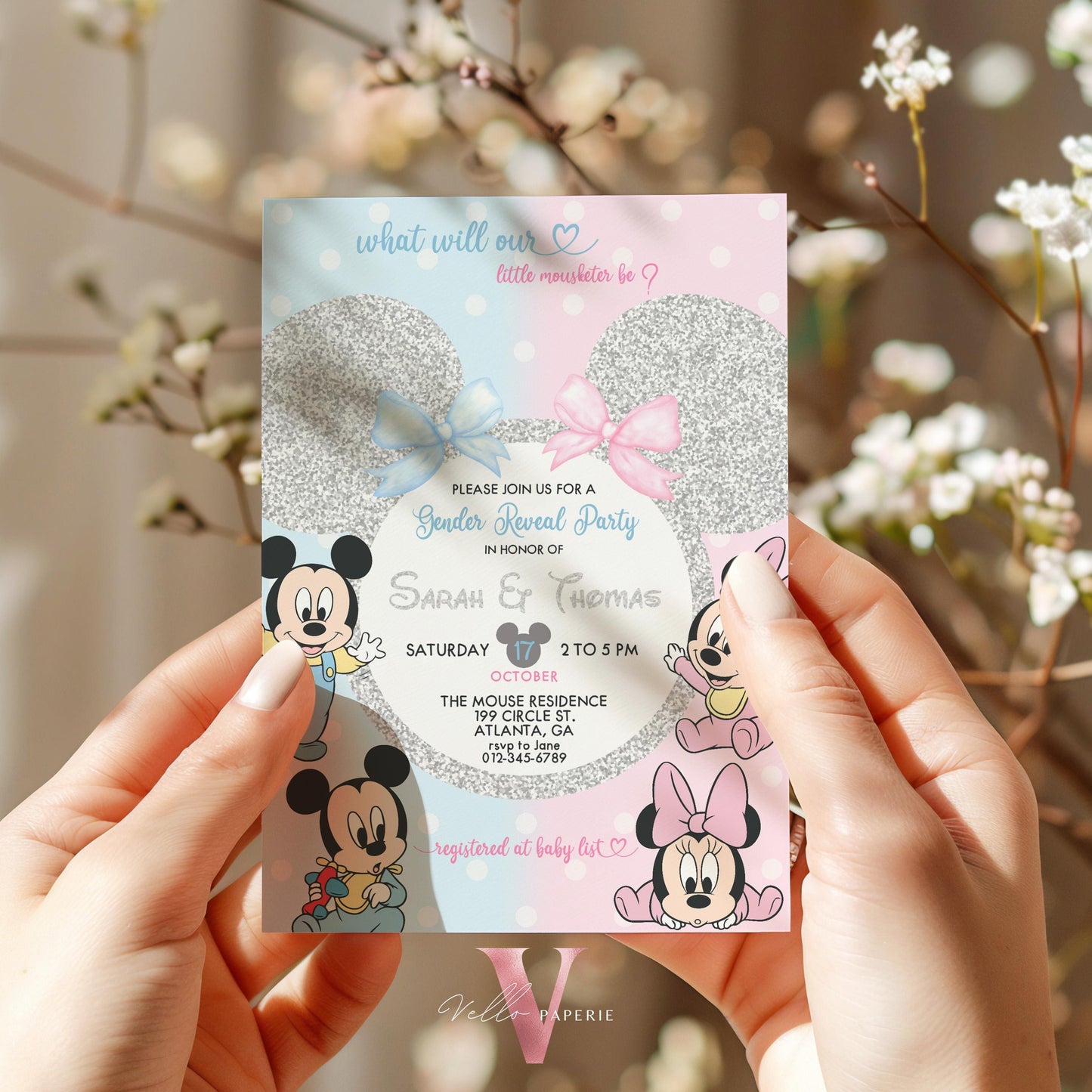 Minnie Mickey Baby Shower Invitation | Editable Printable Blue Pink Baby Shower Party Invite | Mouseketeer Gender Reveal Party Invite