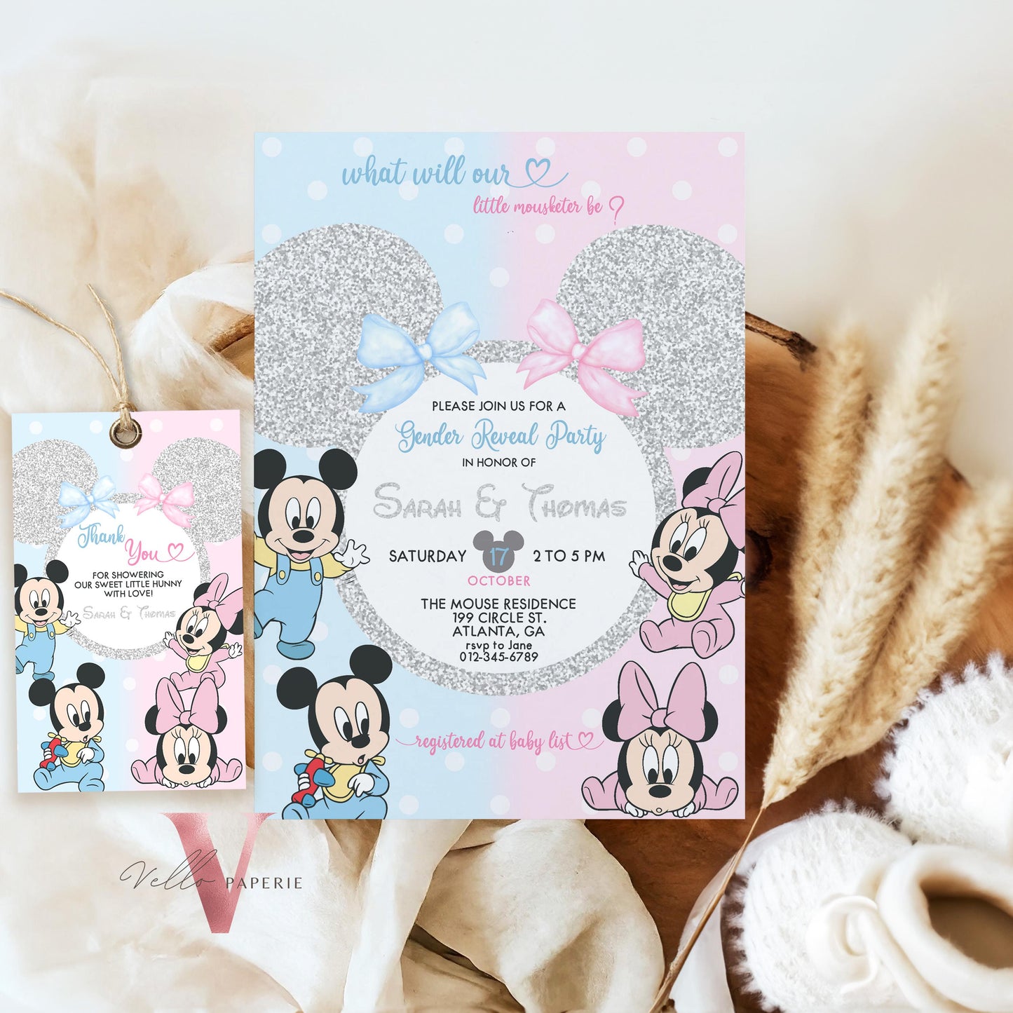 Minnie Mickey Baby Shower Invitation | Editable Printable Blue Pink Baby Shower Party Invite | Mouseketeer Gender Reveal Party Invite MBS01