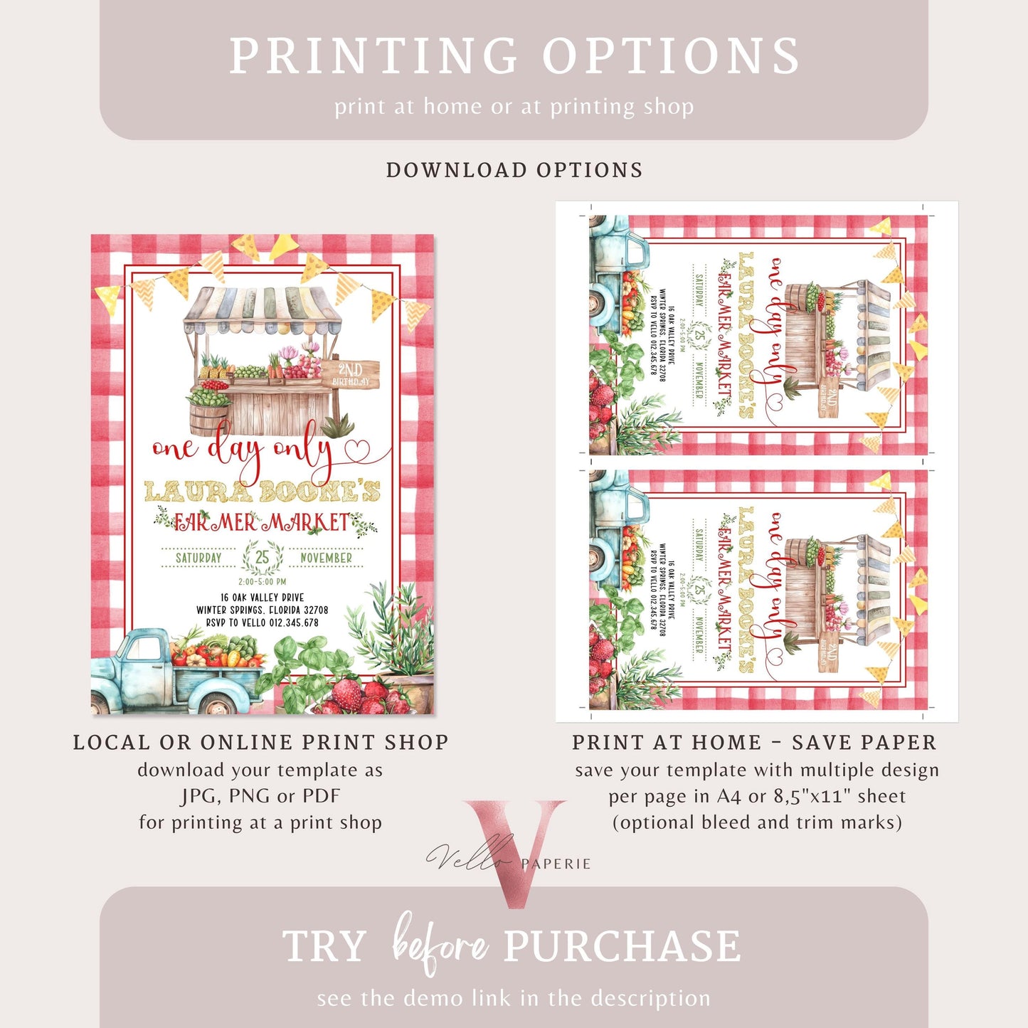 Farmer's Market Birthday Invite | Red Gingham Locally Grown Birthday Invite | Organic Vegetables Fruits Party ANY AGE Instant Template