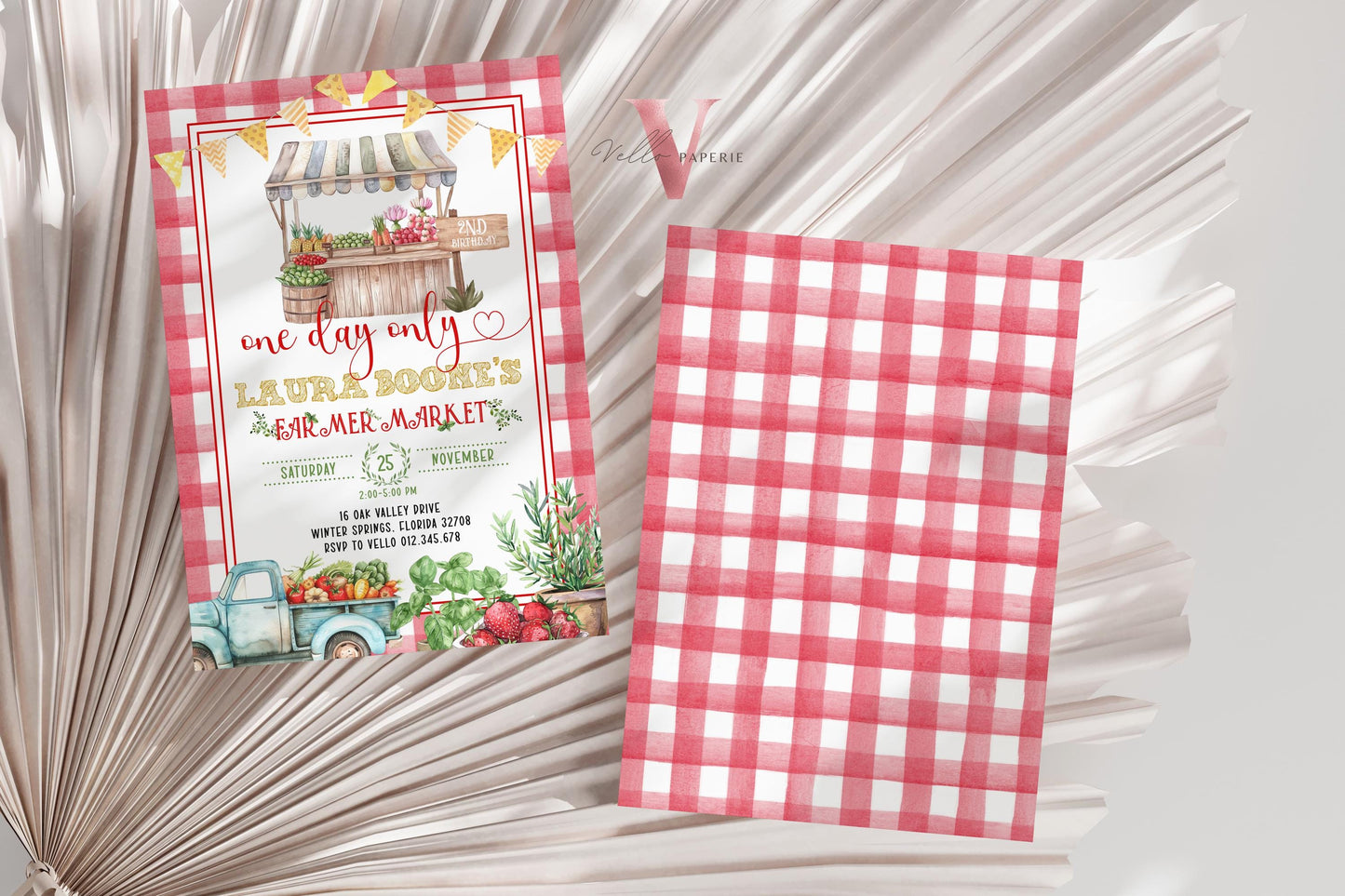 Farmer's Market Birthday Invite | Red Gingham Locally Grown Birthday Invite | Organic Vegetables Fruits Party ANY AGE Instant Template