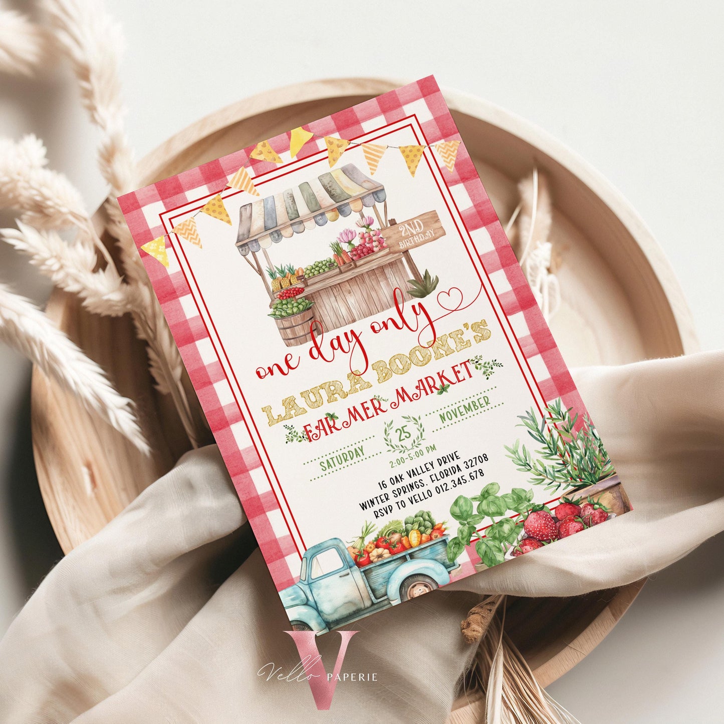Farmer's Market Birthday Invite | Red Gingham Locally Grown Birthday Invite | Organic Vegetables Fruits Party ANY AGE Instant Template