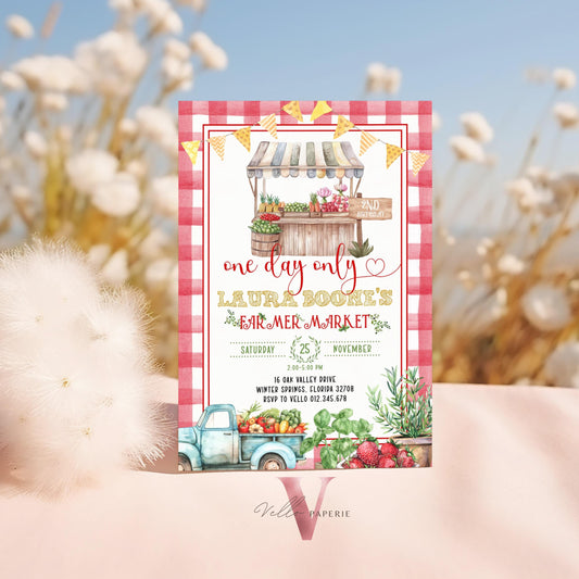 Farmer's Market Birthday Invite | Red Gingham Locally Grown Birthday Invite | Organic Vegetables Fruits Party ANY AGE Instant Template