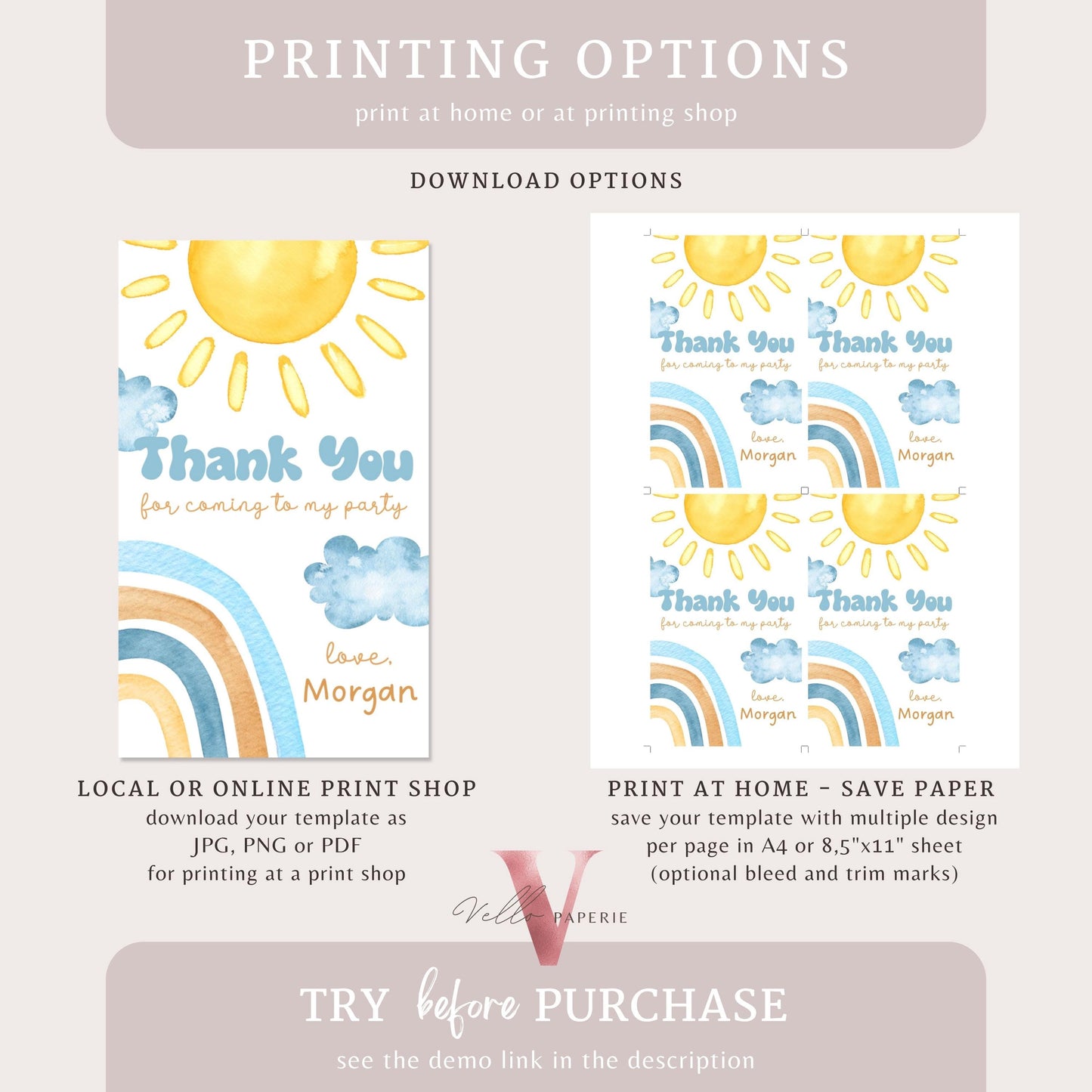 Blue Yellow First Trip Around The Sun Birthday Invitation | Editable 1st Sunshine Invite | Editable Boho Sun Rainbow Boy Girl Instant