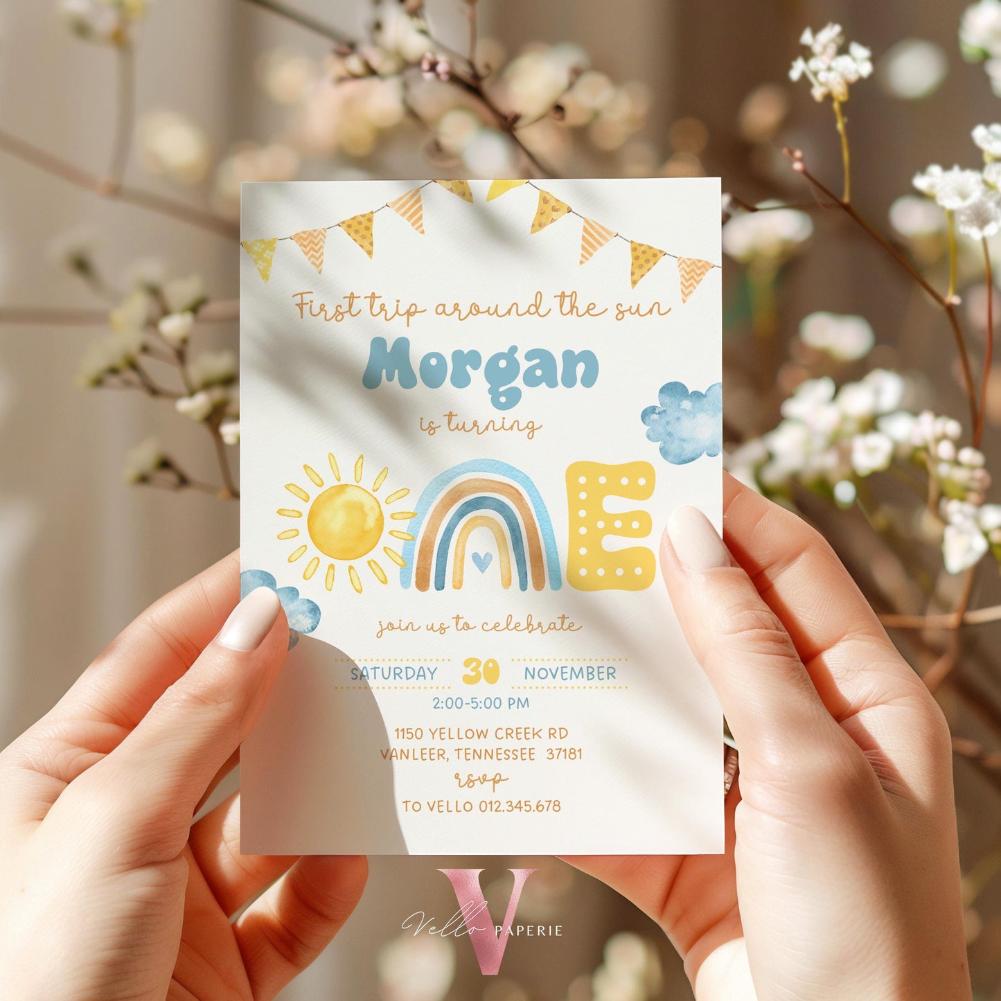 Blue Yellow First Trip Around The Sun Birthday Invitation | Editable 1st Sunshine Invite | Editable Boho Sun Rainbow Boy Girl Instant