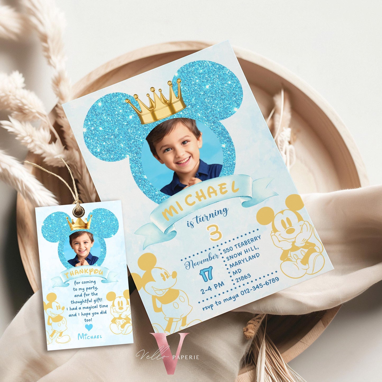 Photo Blue Glitter Royal Mickey Birthday Invitation | Editable Printable Blue Gold Mickey Birthday Party Invite with Photo Instant Download