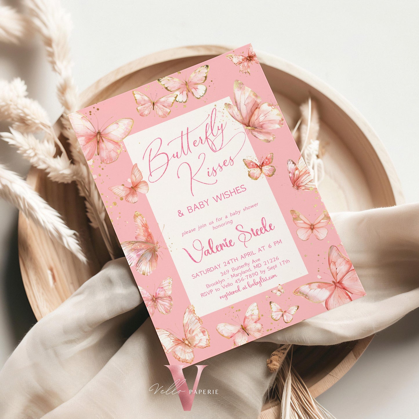 Pink Gold Watercolor Butterfly Baby Shower Party Invitation | A little butterfly Welcome Baby Party Invite | PInkGold Glitter Baby Butterfly