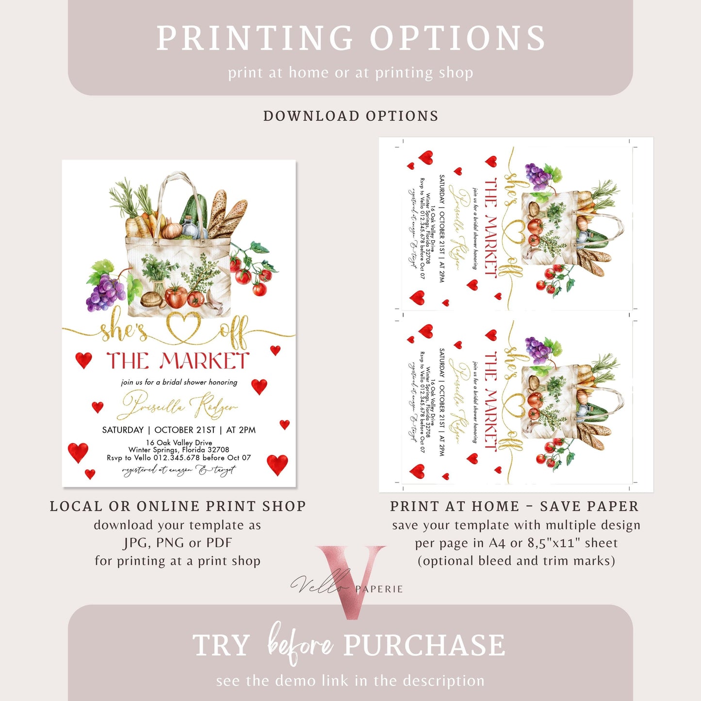 Grocery Off the Market Bridal Shower Party Invitation | She's off the Market Invite | Gold Red Farmer's Market Watercolor Bride Instant