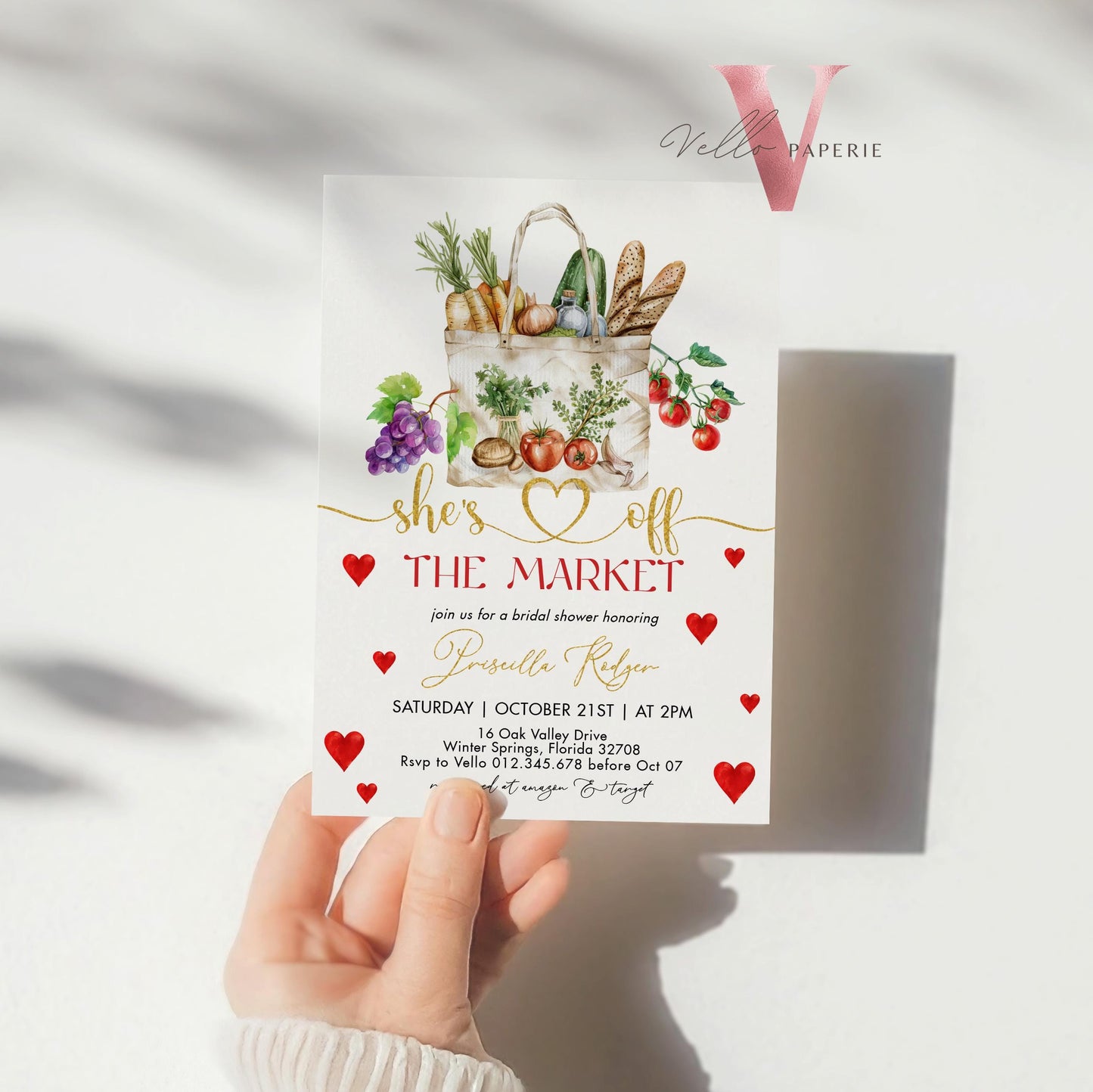 Grocery Off the Market Bridal Shower Party Invitation | She's off the Market Invite | Gold Red Farmer's Market Watercolor Bride Instant