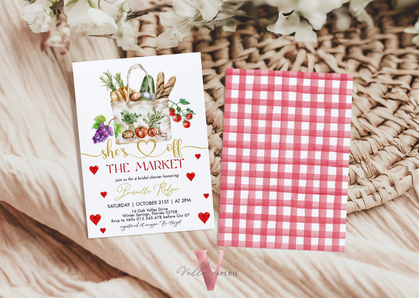 Grocery Off the Market Bridal Shower Party Invitation | She's off the Market Invite | Gold Red Farmer's Market Watercolor Bride Instant