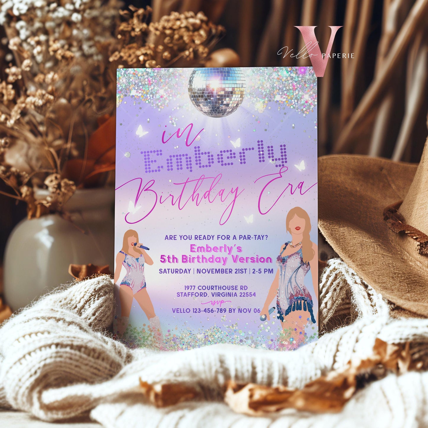 Swifti Par-Tay Birthday Party Invitation Photo | Purple Silver Sparkle Taylor Eras Music Party Invite | It's Me Hi, In My Birthday Era TSP01