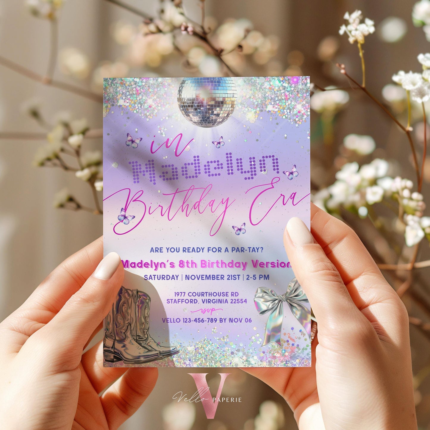 Swifti Par-Tay Birthday Party Invitation Photo | Purple Silver Sparkle Taylor Eras Music Party Invite | It's Me Hi, In My Birthday Era TSP01