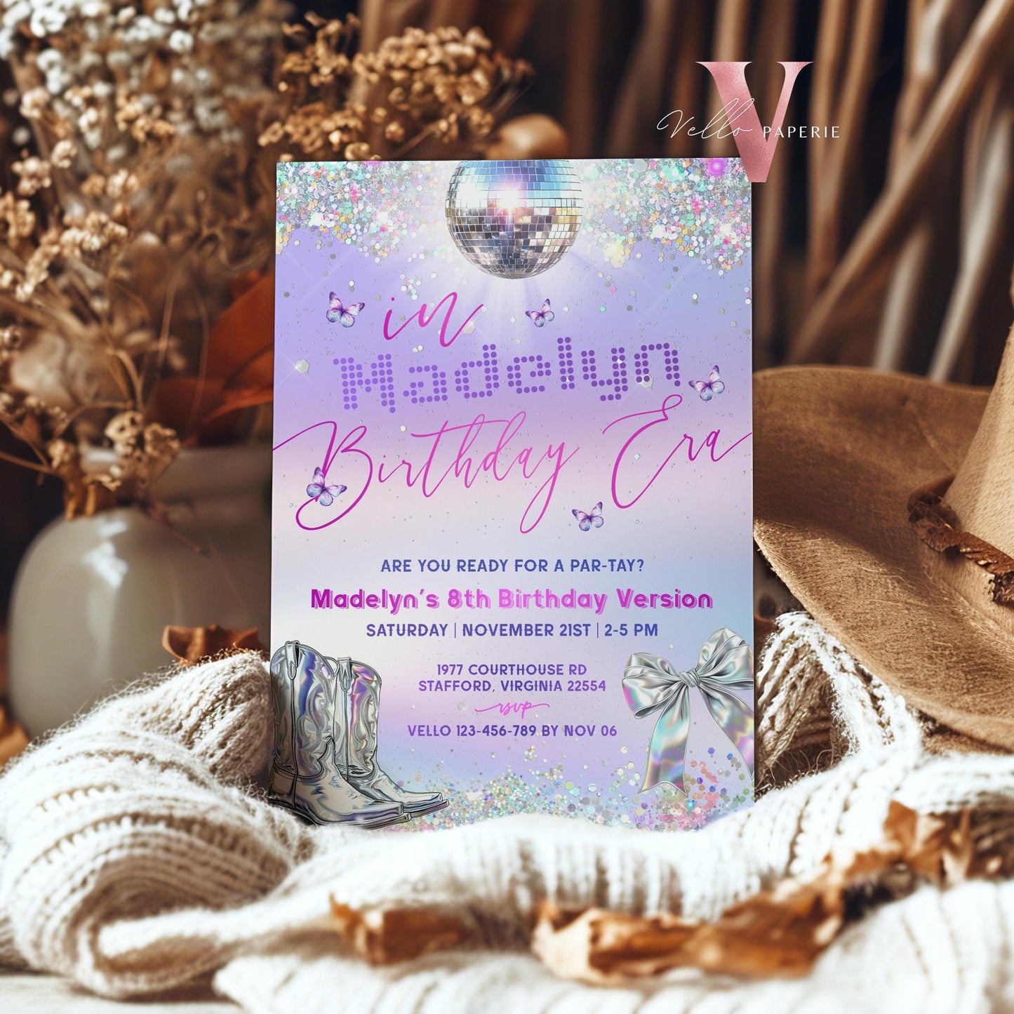 Swifti Par-Tay Birthday Party Invitation Photo | Purple Silver Sparkle Taylor Eras Music Party Invite | It's Me Hi, In My Birthday Era TSP01