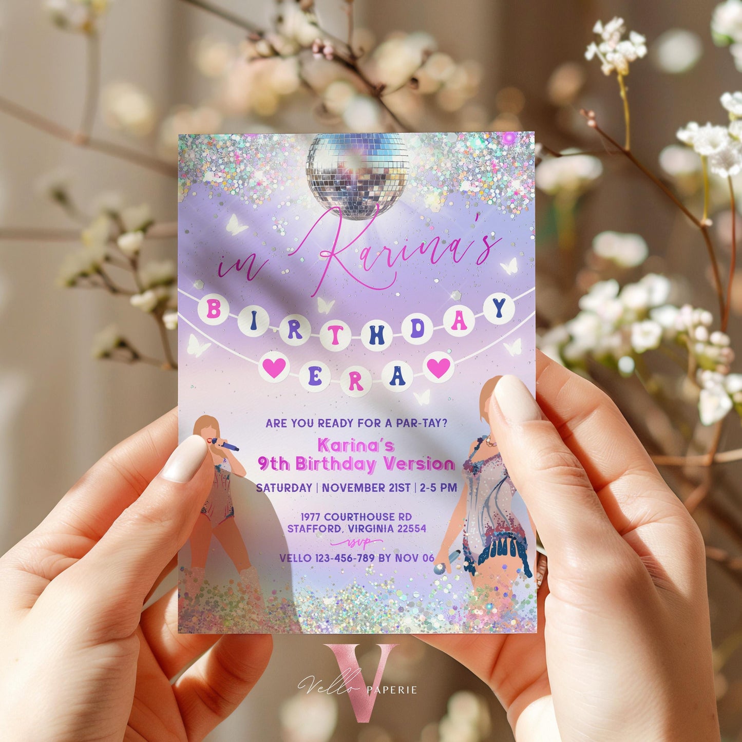 Swifti Par-Tay Birthday Party Invitation Photo | Purple Silver Sparkle Taylor Eras Music Party Invite | It's Me Hi, In My Birthday Era TSP01